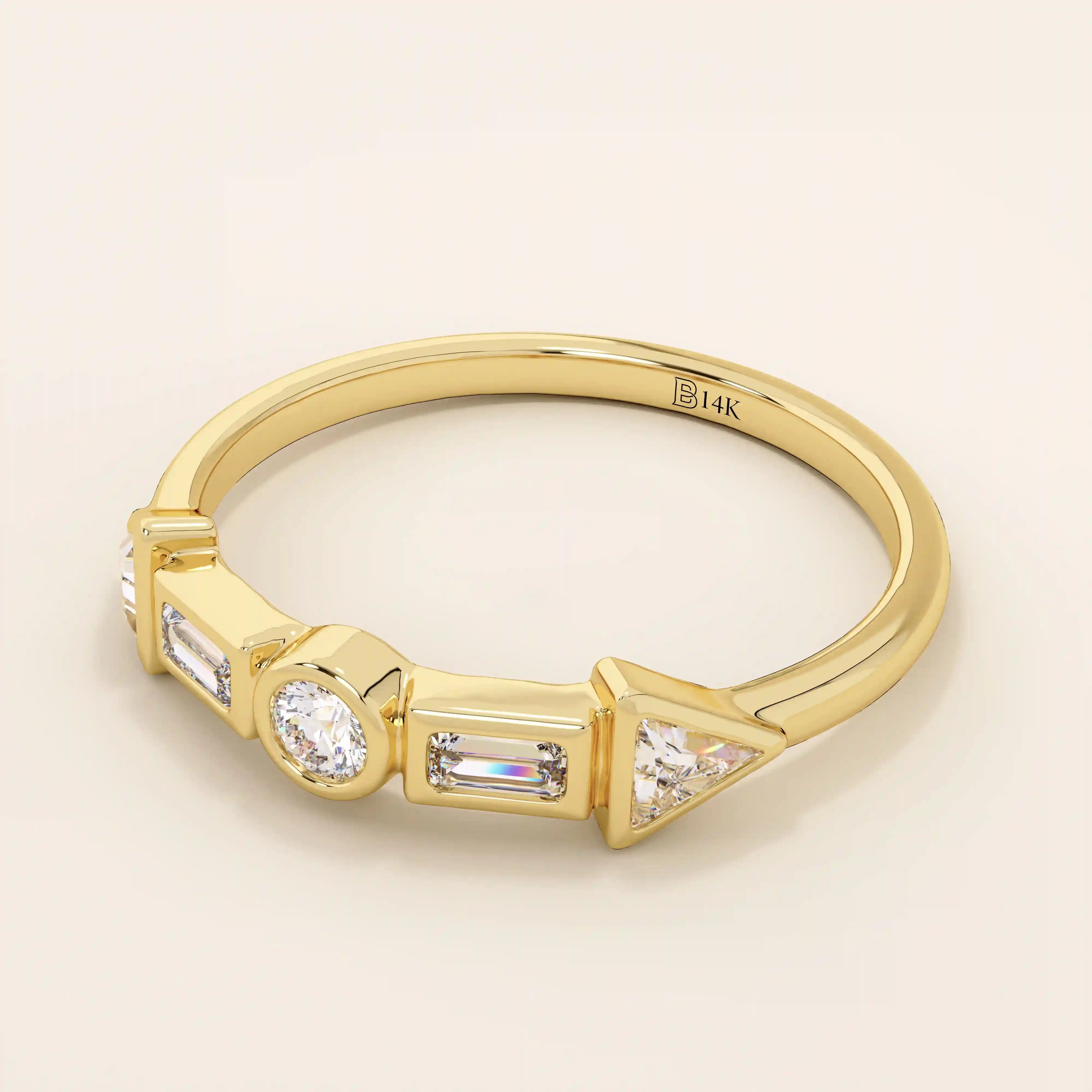 14k solid gold half eternity statement ring featuring bezel-set mixed cut moissanite stones. Modern and elegant design.