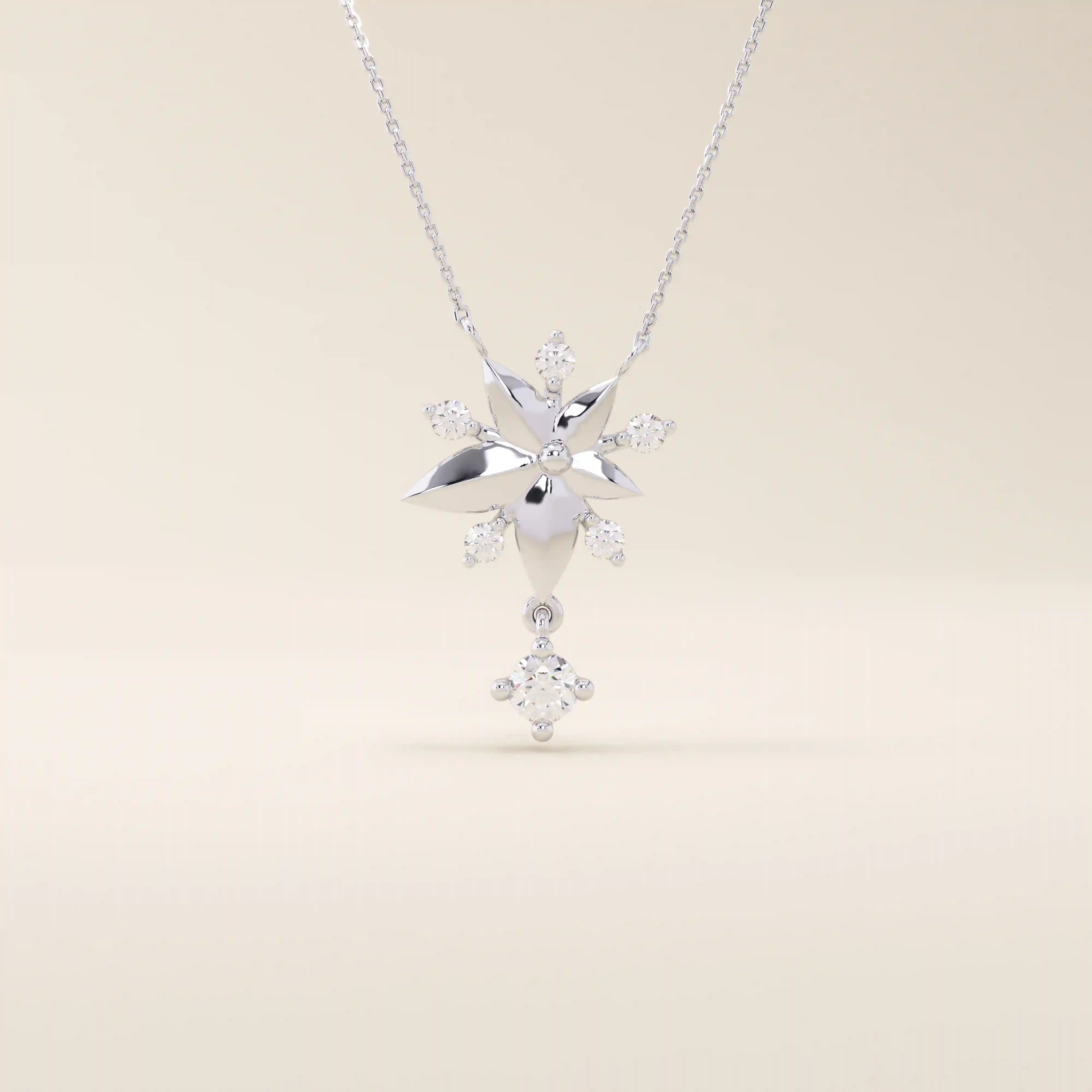 14k solid gold necklace featuring a 5-petal flower design with a dangling moissanite. Feminine and delicate floral jewelry. Ideal for everyday elegance.