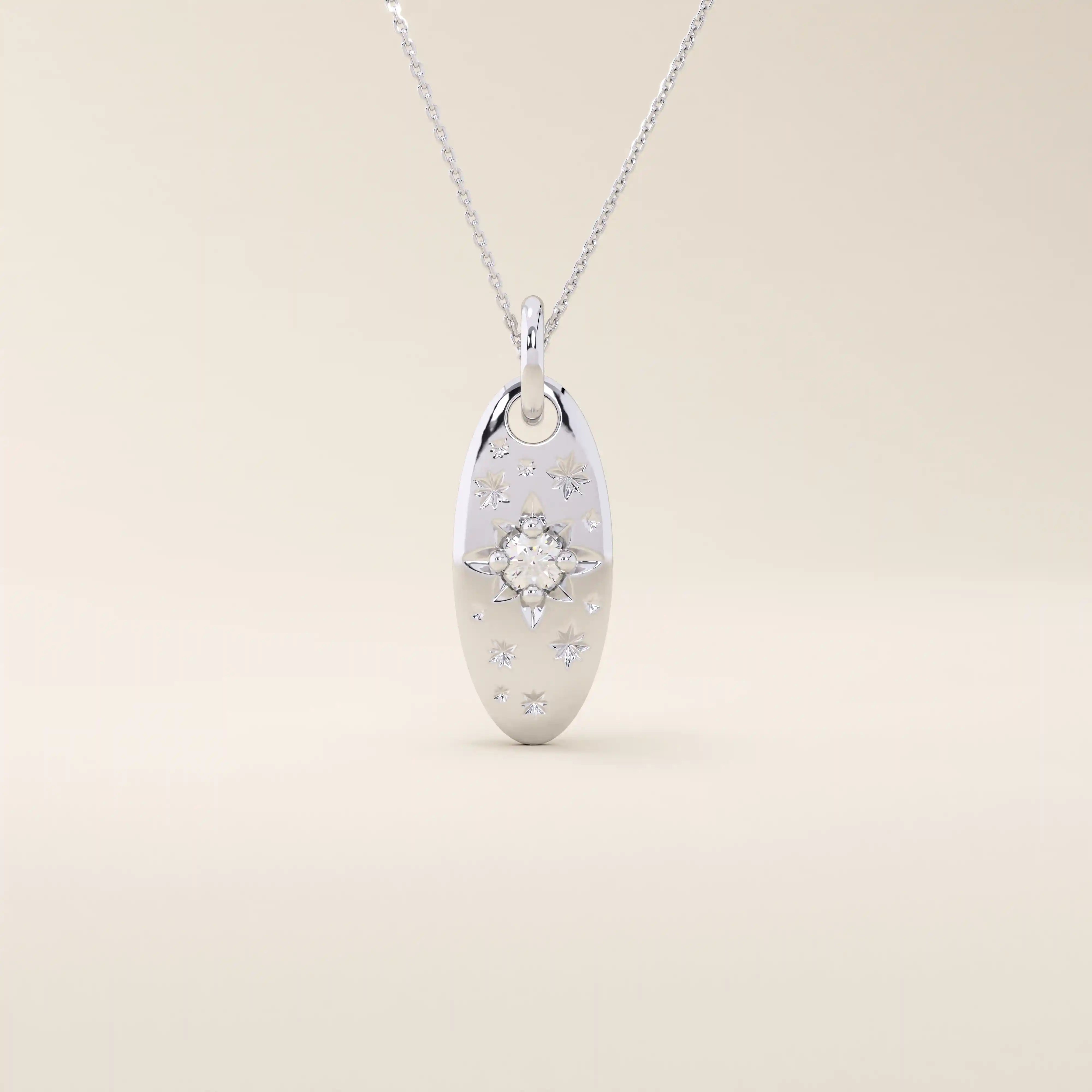 14k solid gold oval celestial pendant necklace featuring a sparkling moissanite Northstar design. Elegant and symbolic jewelry piece.