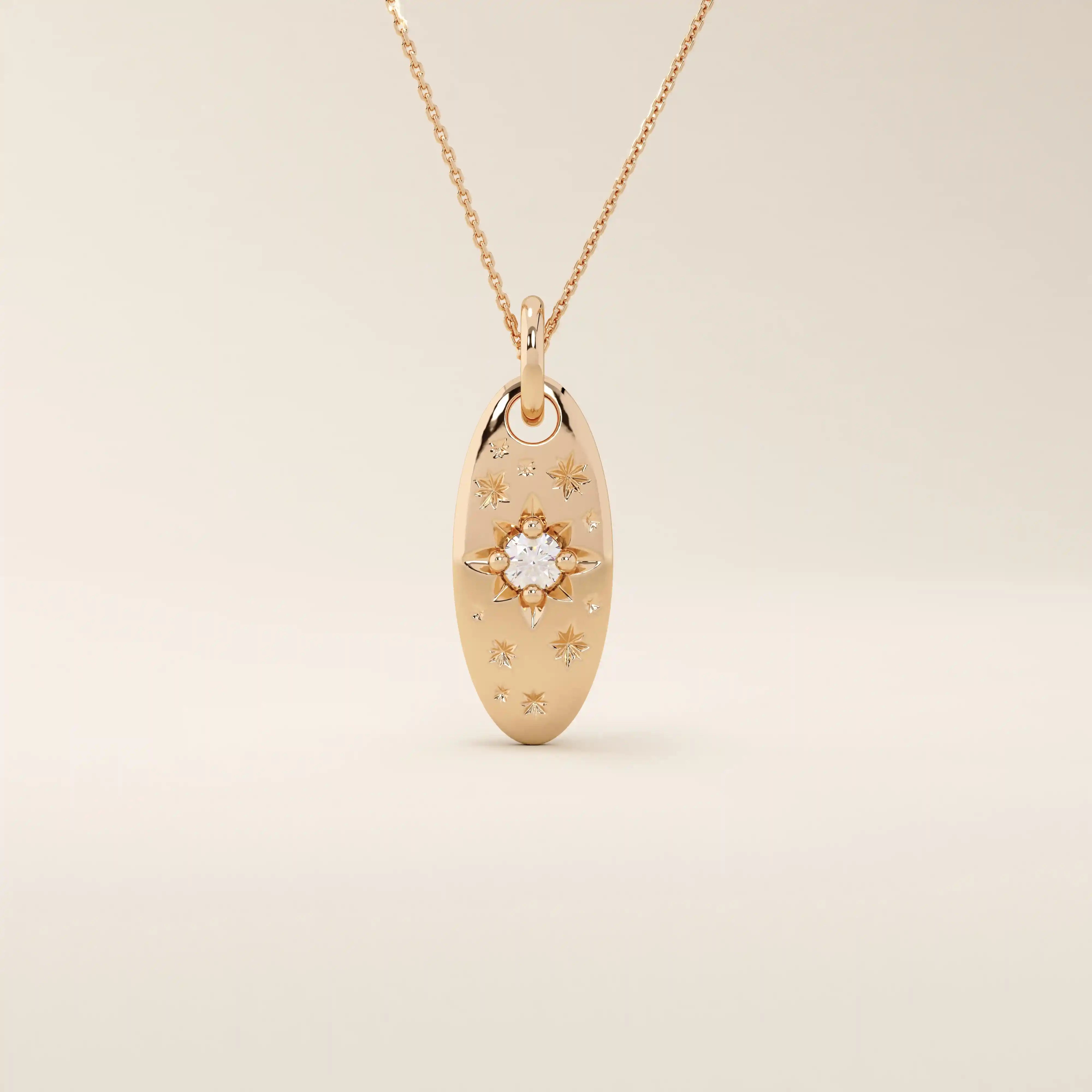 14k solid gold oval celestial pendant necklace featuring a sparkling moissanite Northstar design. Elegant and symbolic jewelry piece.