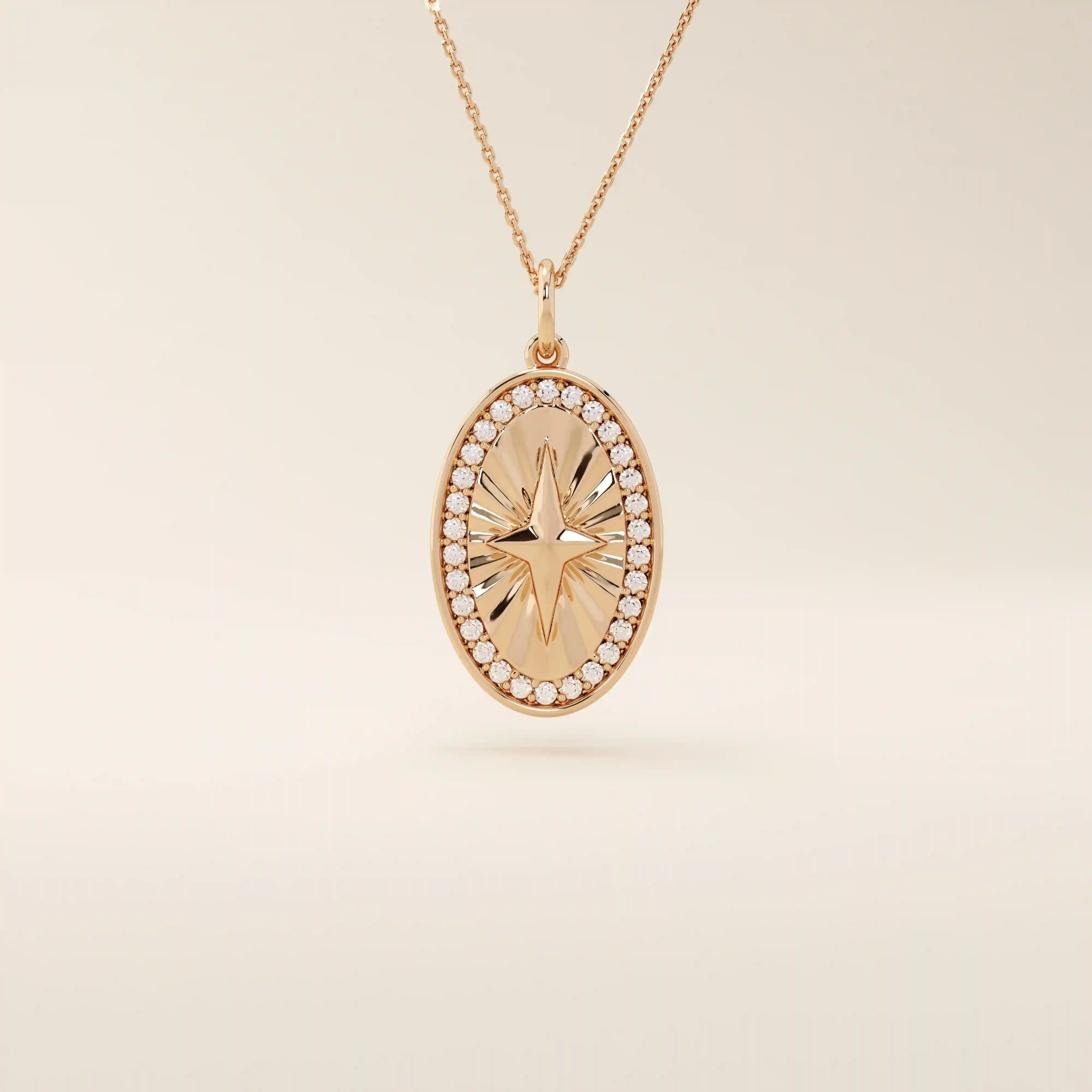 14k solid gold oval compass pendant necklace with pave moissanite stones around and a 4-point star design in the center. Elegant and symbolic gold jewelry. Perfect for daily wear.