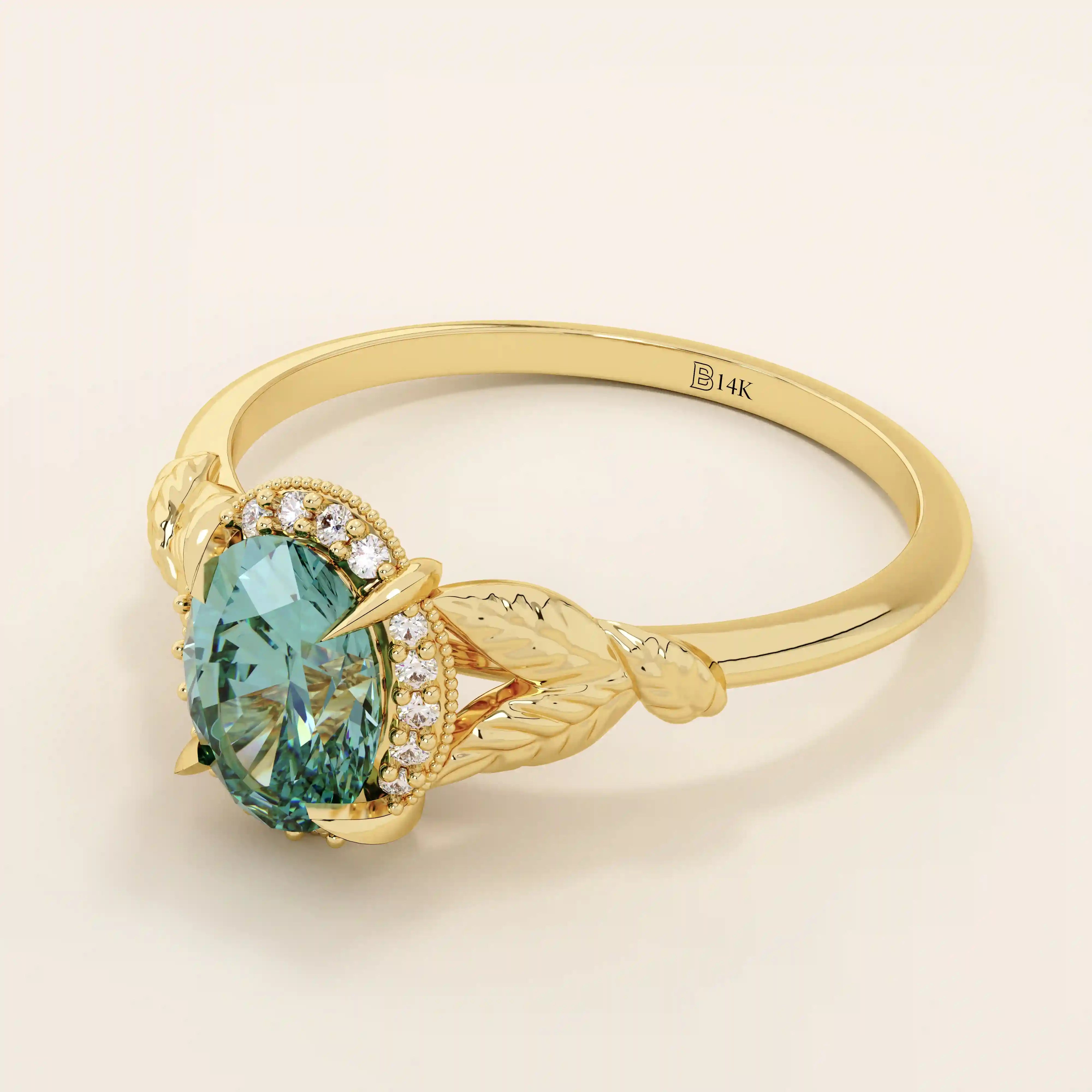 14k solid gold oval teal sapphire with halo pave moissanite stones engagement ring for women