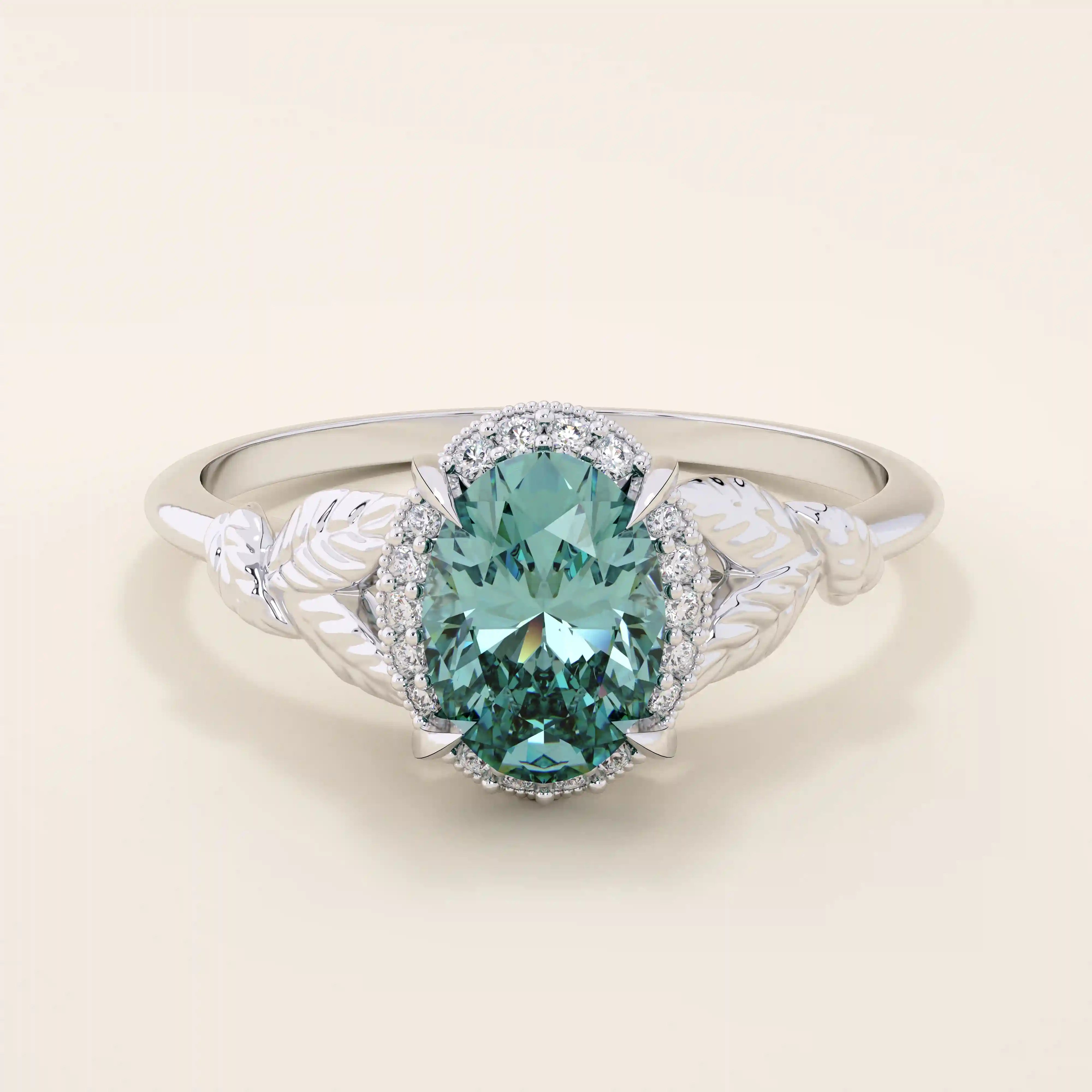 14k solid gold oval teal sapphire with halo pave moissanite stones engagement ring for women