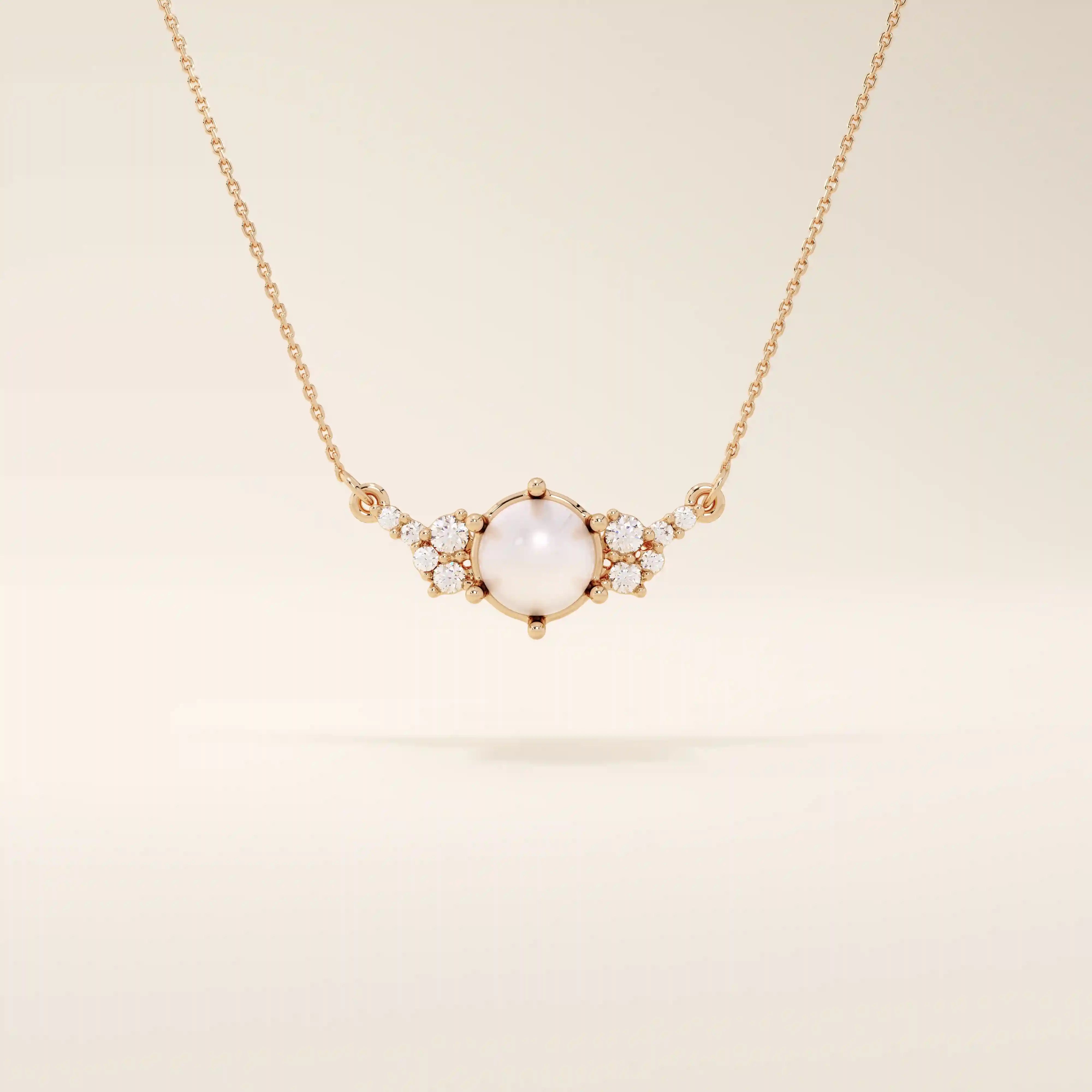 14k solid gold pearl necklace featuring moissanite clusters on both sides of the center pearl. Elegant and modern pearl jewelry. Perfect for minimalist daily wear.
