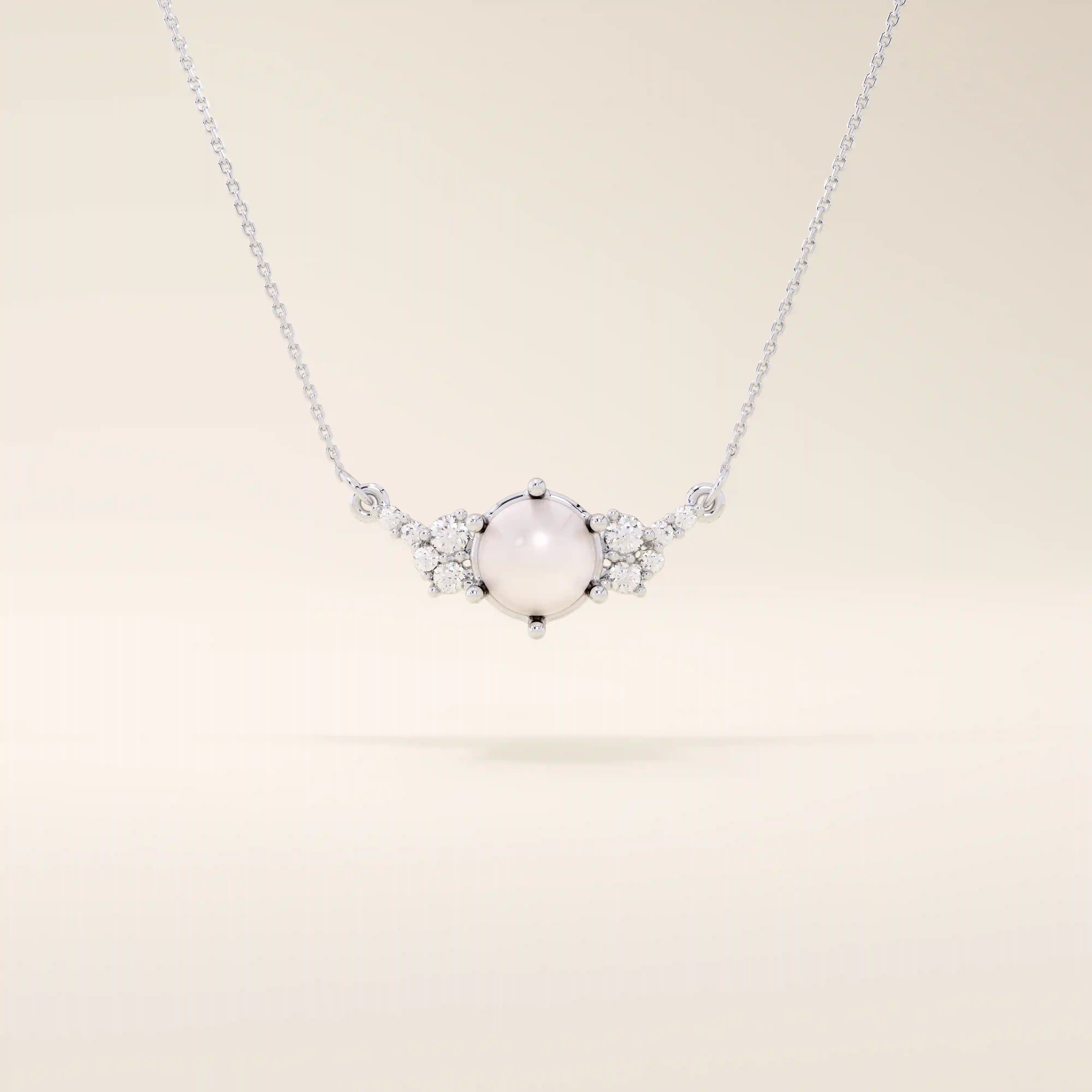 14k solid gold pearl necklace featuring moissanite clusters on both sides of the center pearl. Elegant and modern pearl jewelry. Perfect for minimalist daily wear.