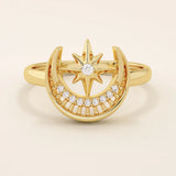 14k solid gold pinky signet ring featuring celestial moon and star motifs. A unique design blending elegance with cosmic symbolism.
