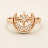 14k solid gold pinky signet ring featuring celestial moon and star motifs. A unique design blending elegance with cosmic symbolism.