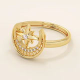 14k solid gold pinky signet ring featuring celestial moon and star motifs. A unique design blending elegance with cosmic symbolism.