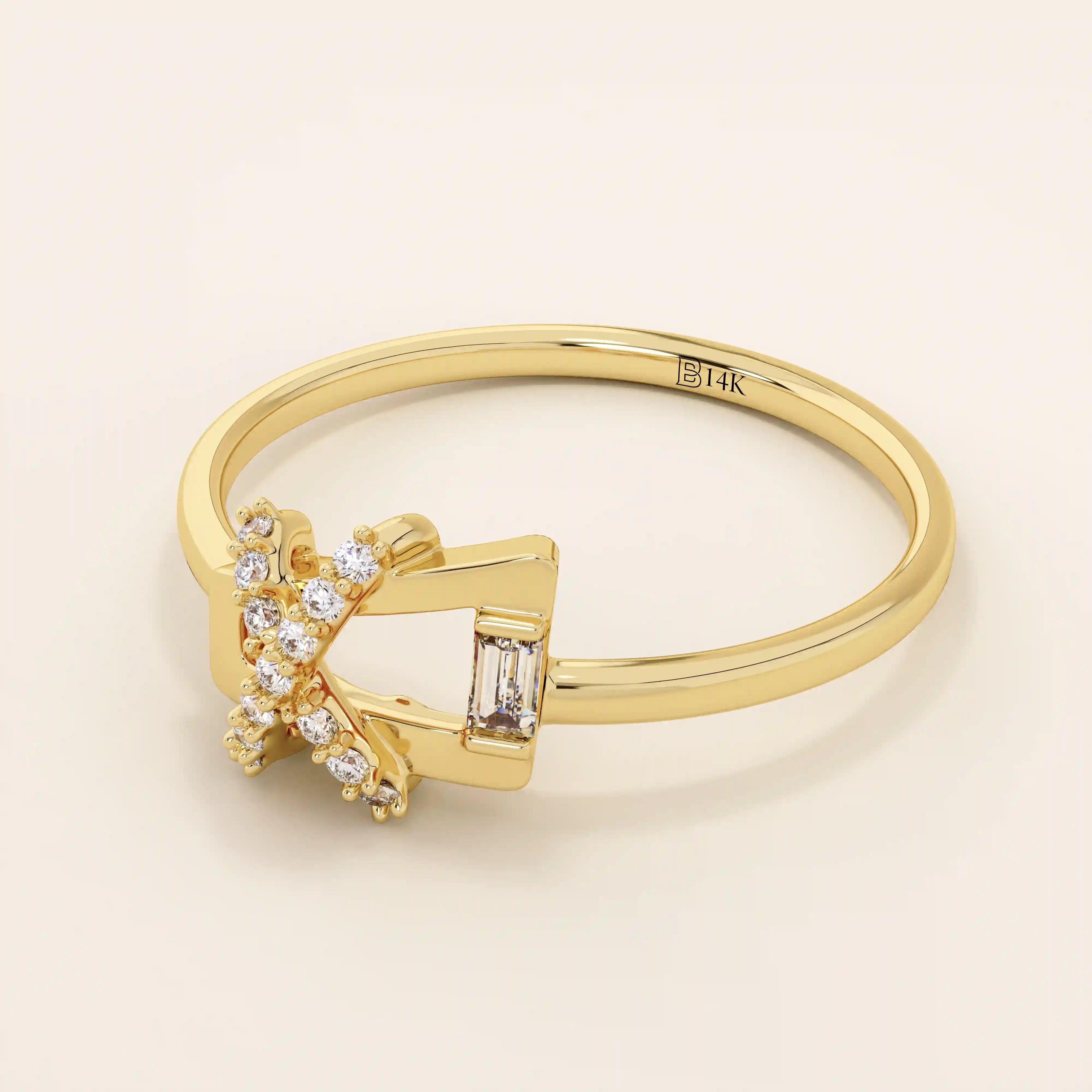 14k solid gold pinky signet ring with a unique geometric design, paved with sparkling moissanites. A modern and elegant statement piece.