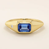 14k solid gold signet ring with a bezel set deep blue sapphire gemstone. A classic silhouette with a bold, modern twist. Ideal as a pinky ring or statement piece.