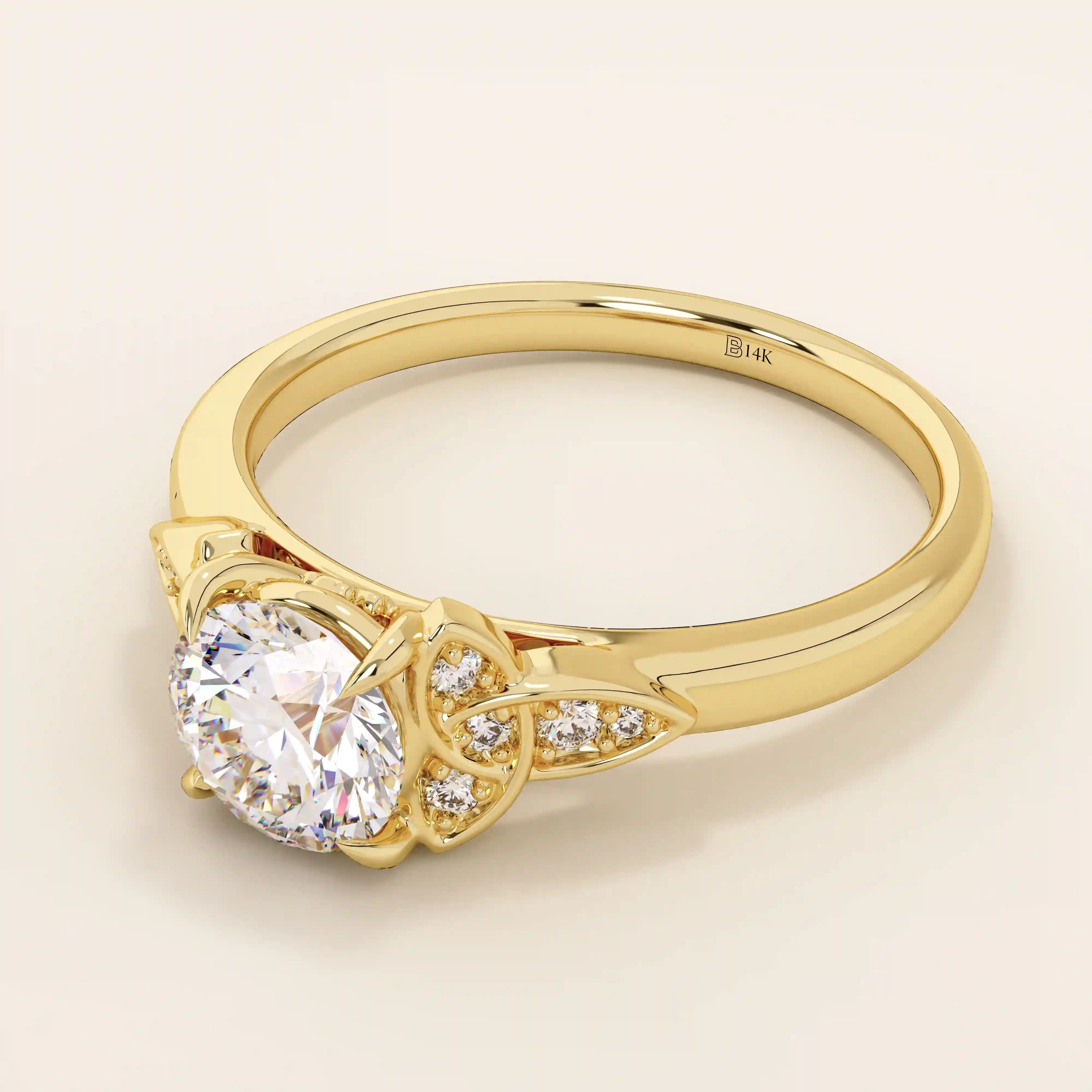 14k solid gold solitaire engagement ring featuring intricate Celtic knot detailing and subtle accent moissanites. Unique and timeless design for modern brides.