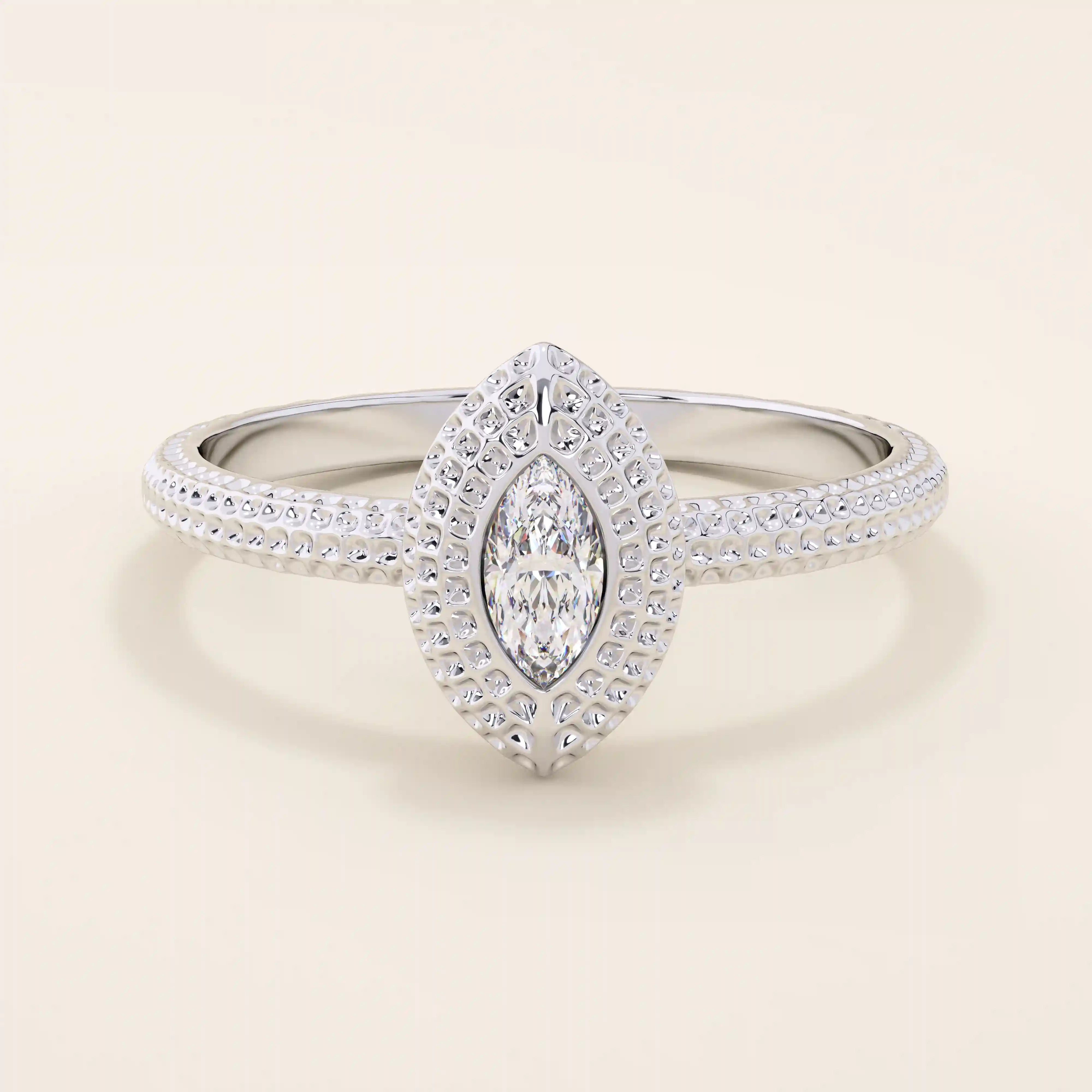 14K SOLID GOLD TEXTURED BAND BEZEL MARQUISE ENGAGEMENT RING FOR WOMEN