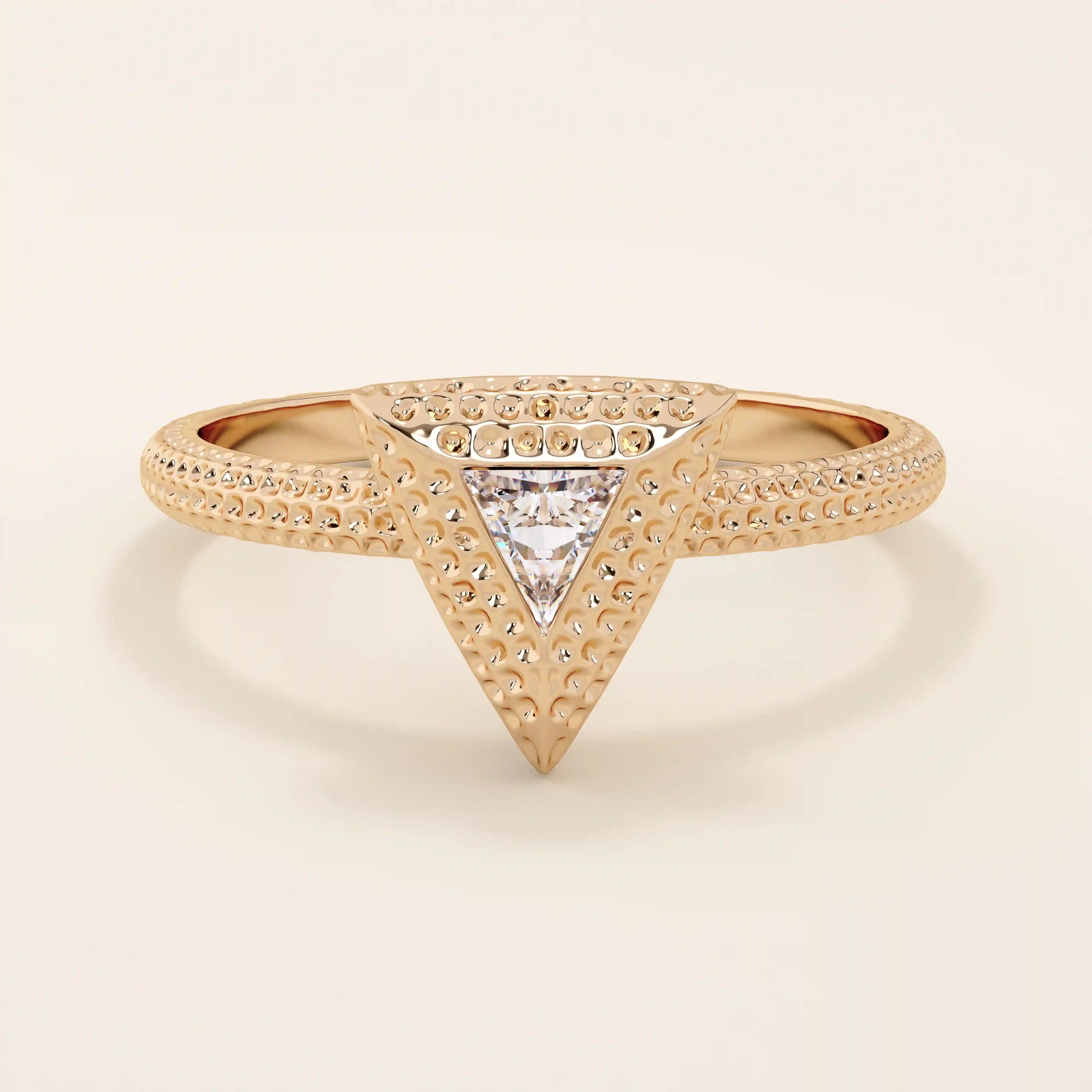 14k solid gold textured gold band bezel triangle cut moissanite