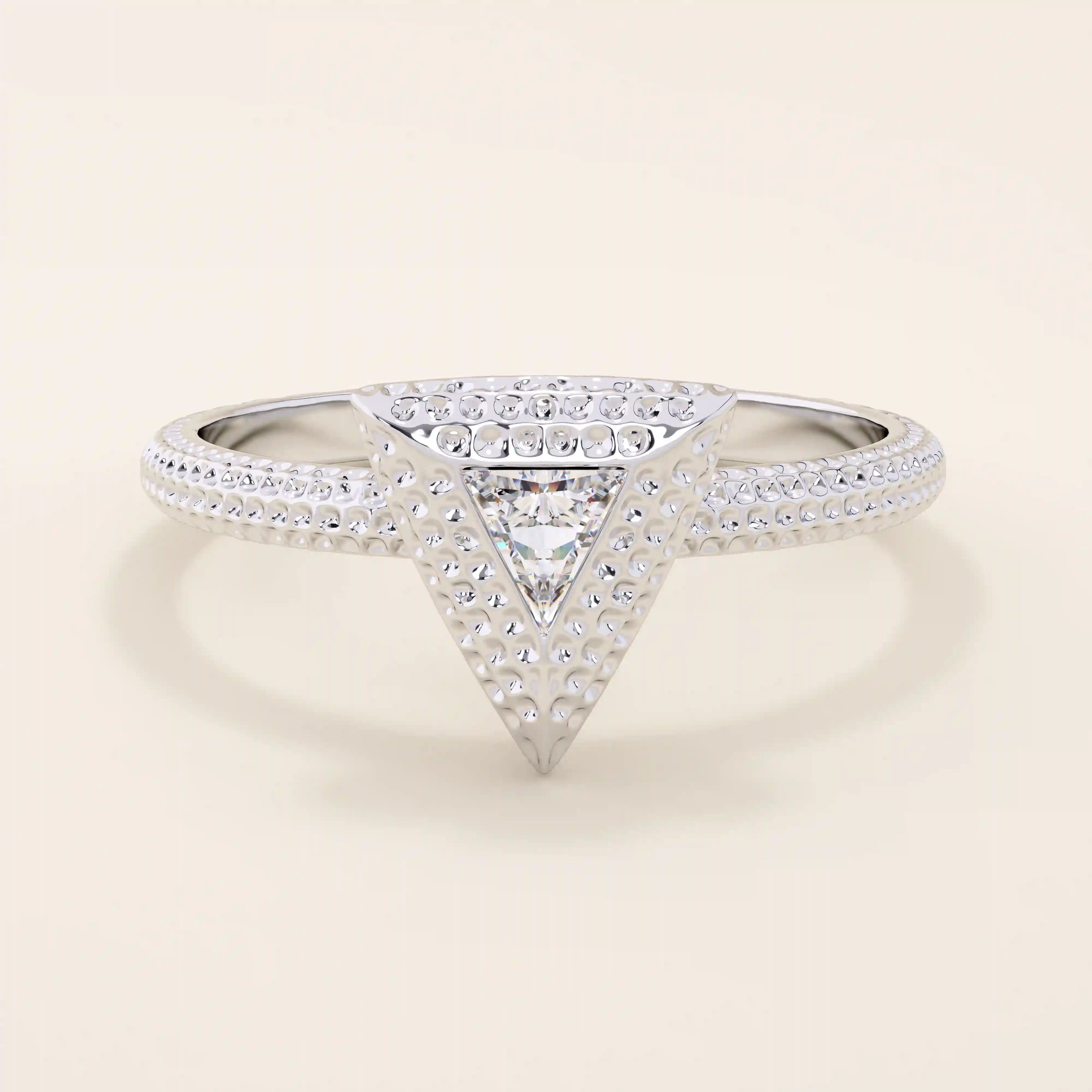 14k solid gold textured gold band bezel triangle cut moissanite