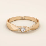 14k solid gold twist design promise ring with a solo bezel-set moissanite. Elegant and modern minimalist ring perfect for daily wear.