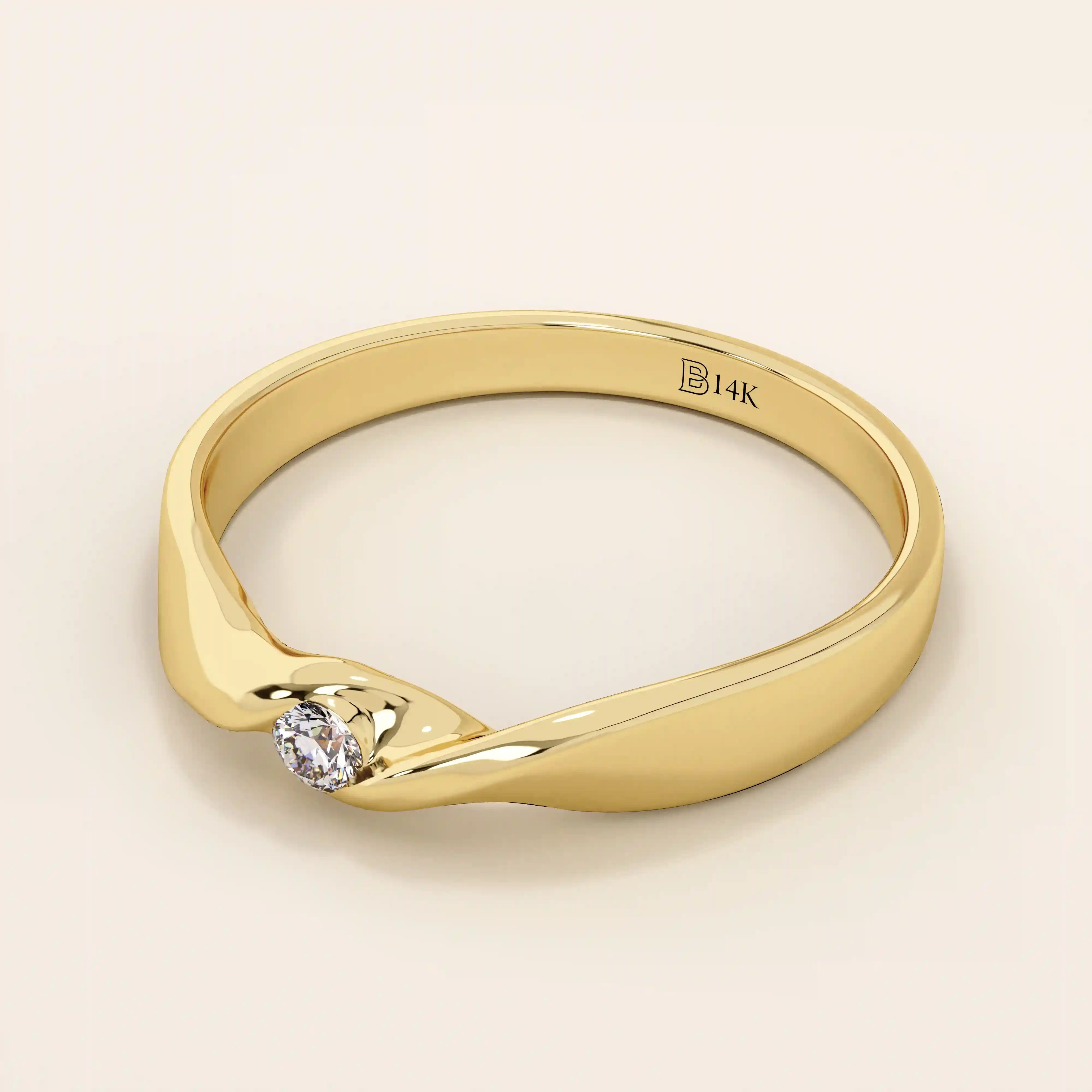 14k solid gold twist design promise ring with a solo bezel-set moissanite. Elegant and modern minimalist ring perfect for daily wear.
