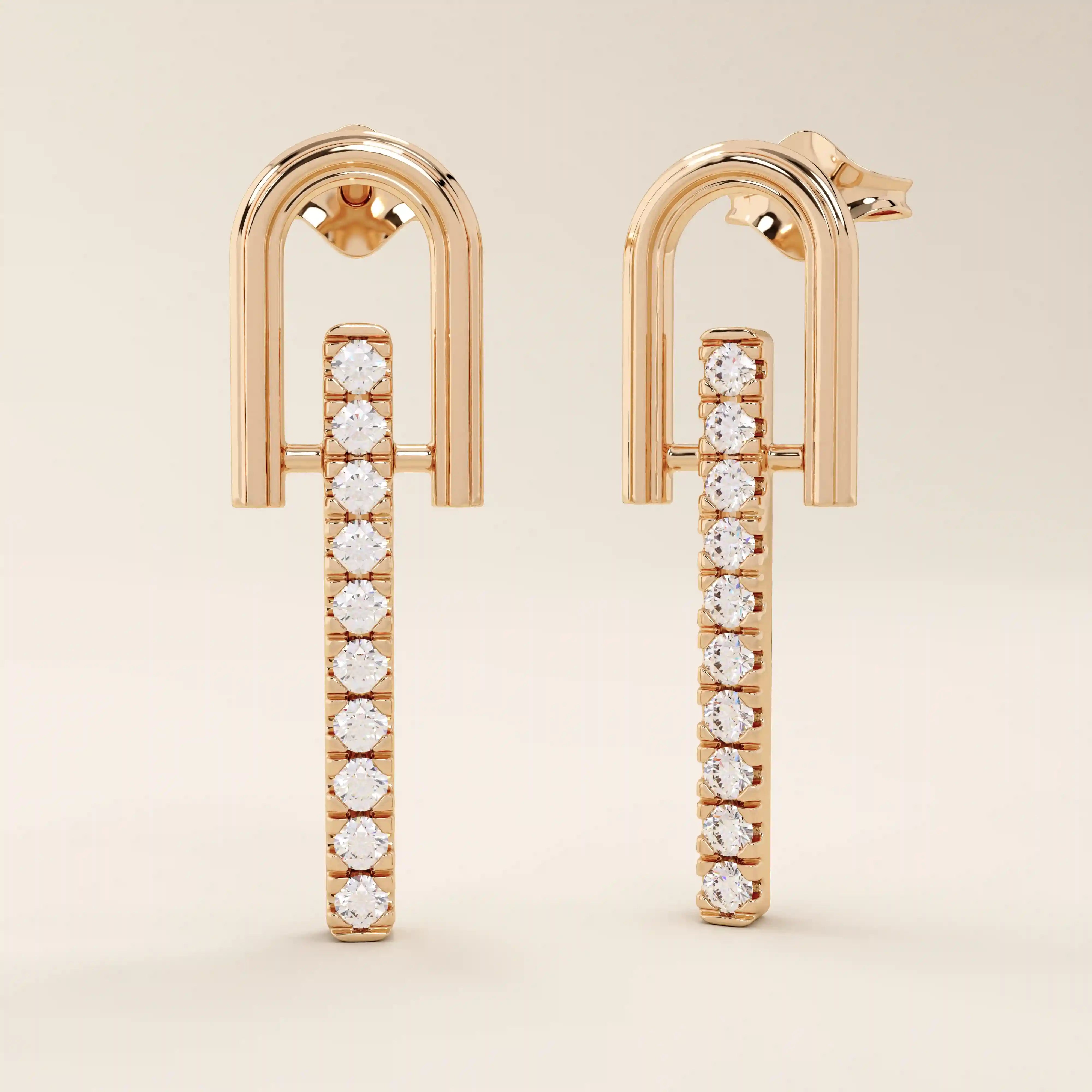 14k solid rose gold U-top bar studs with a sleek vertical moissanite line, modern and minimalist in style.