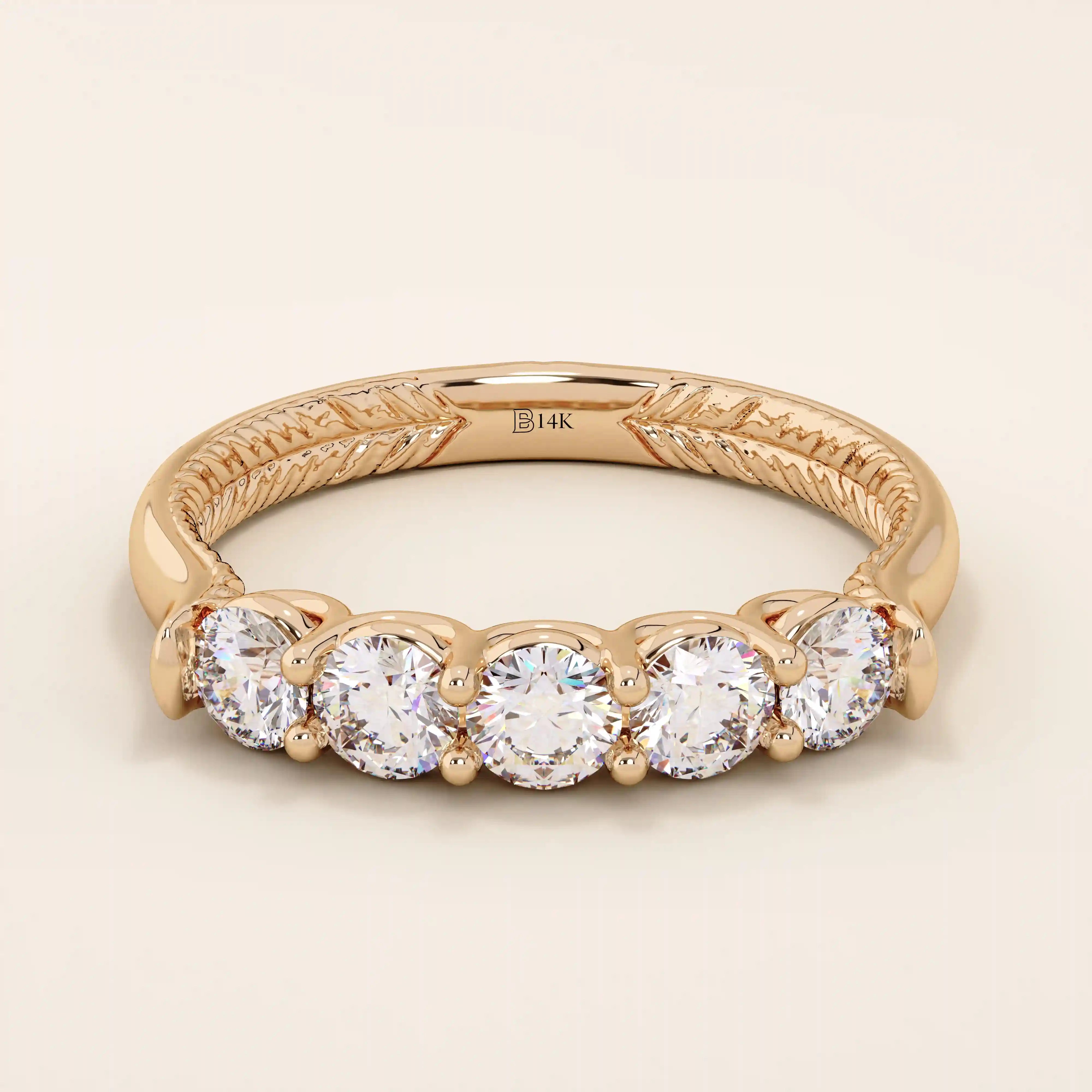 14k solid rose gold ring showcasing five round brilliant cut moissanite stones in a prong setting with intricate shank engravings, romantic fine jewelry gift
