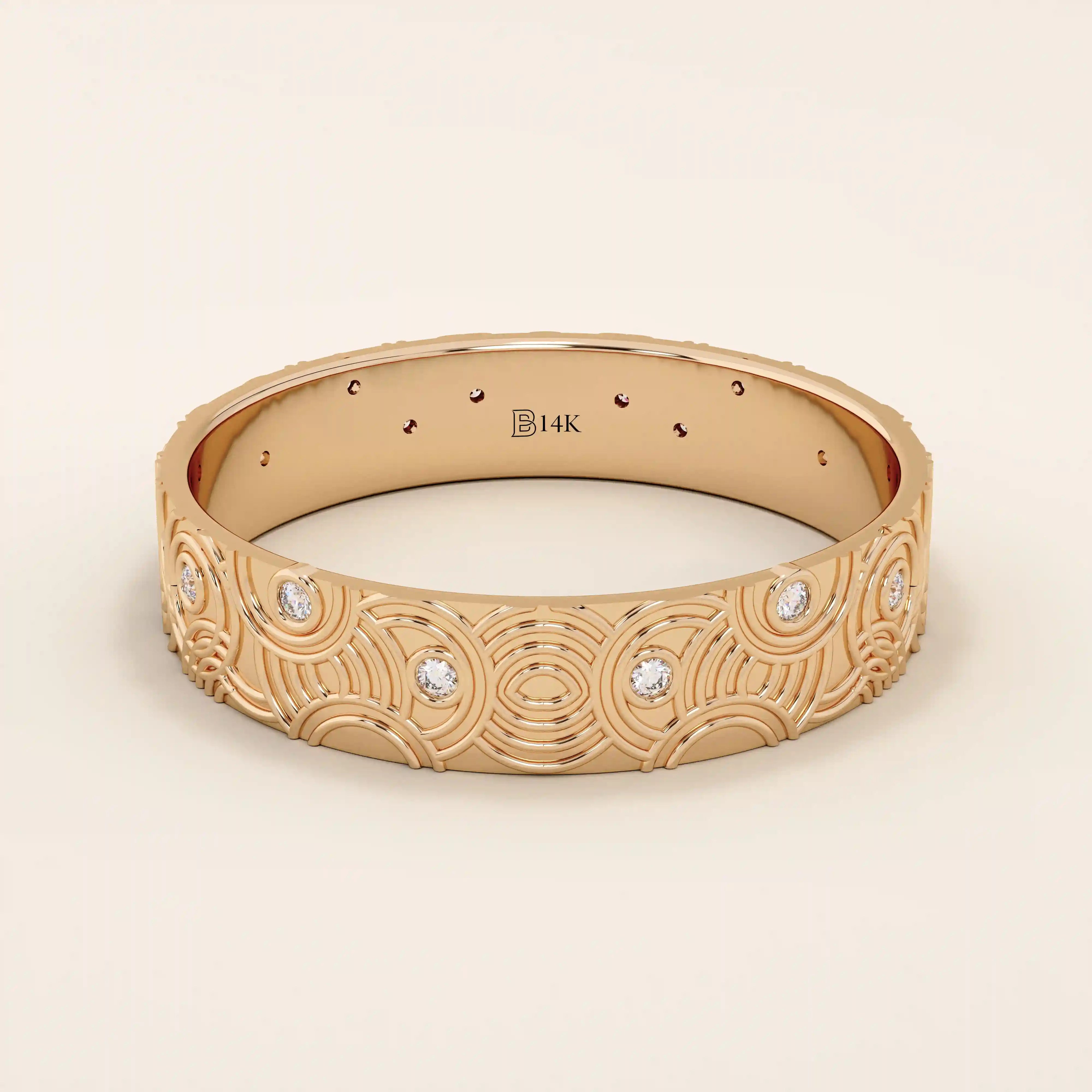 14k solid rose gold wedding band with an artistic concentric circle design and bezel-set round moissanites, elegant and unique craftsmanship