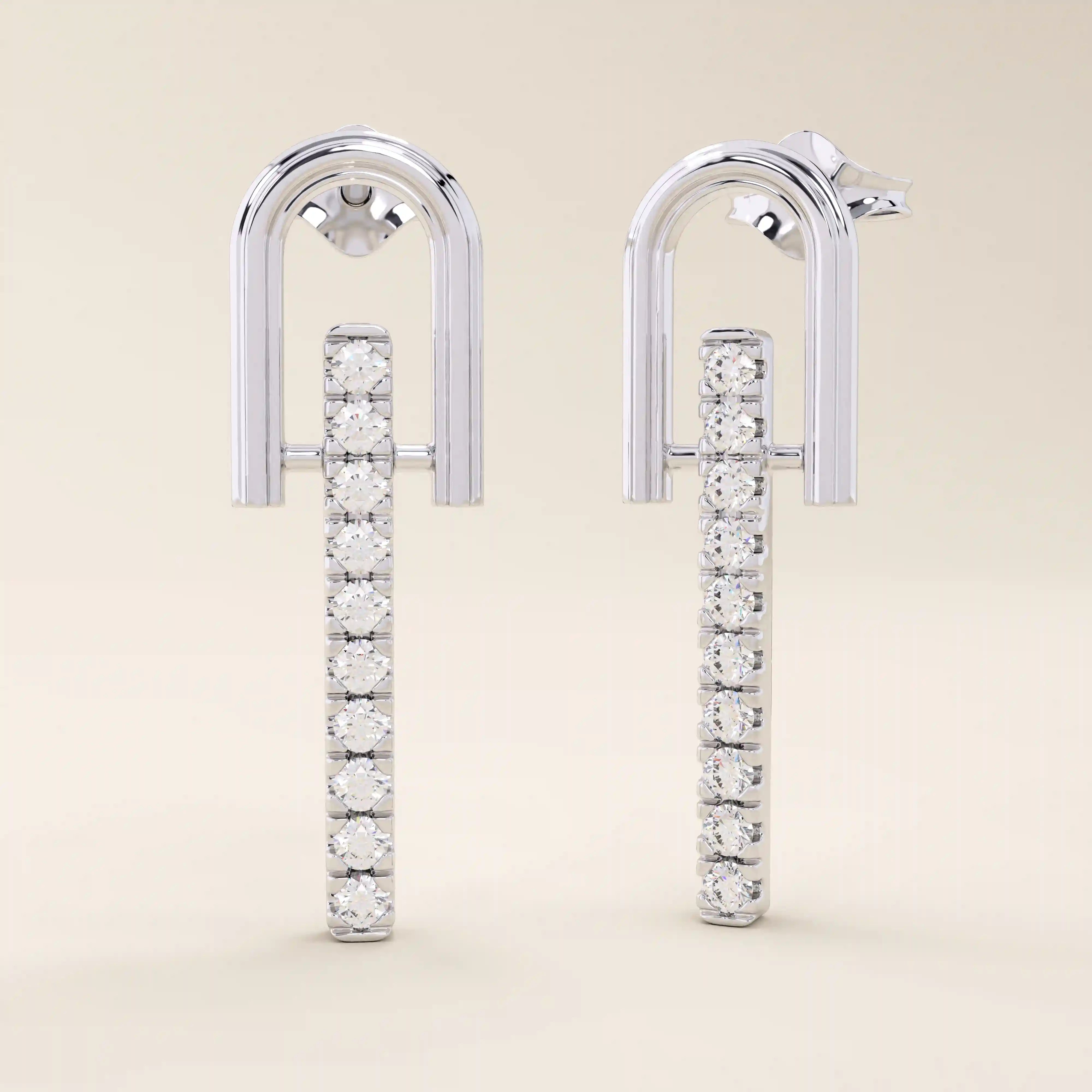 14k solid white gold bar drop stud earrings featuring a curved U-top design and a straight line of sparkling moissanite gems.