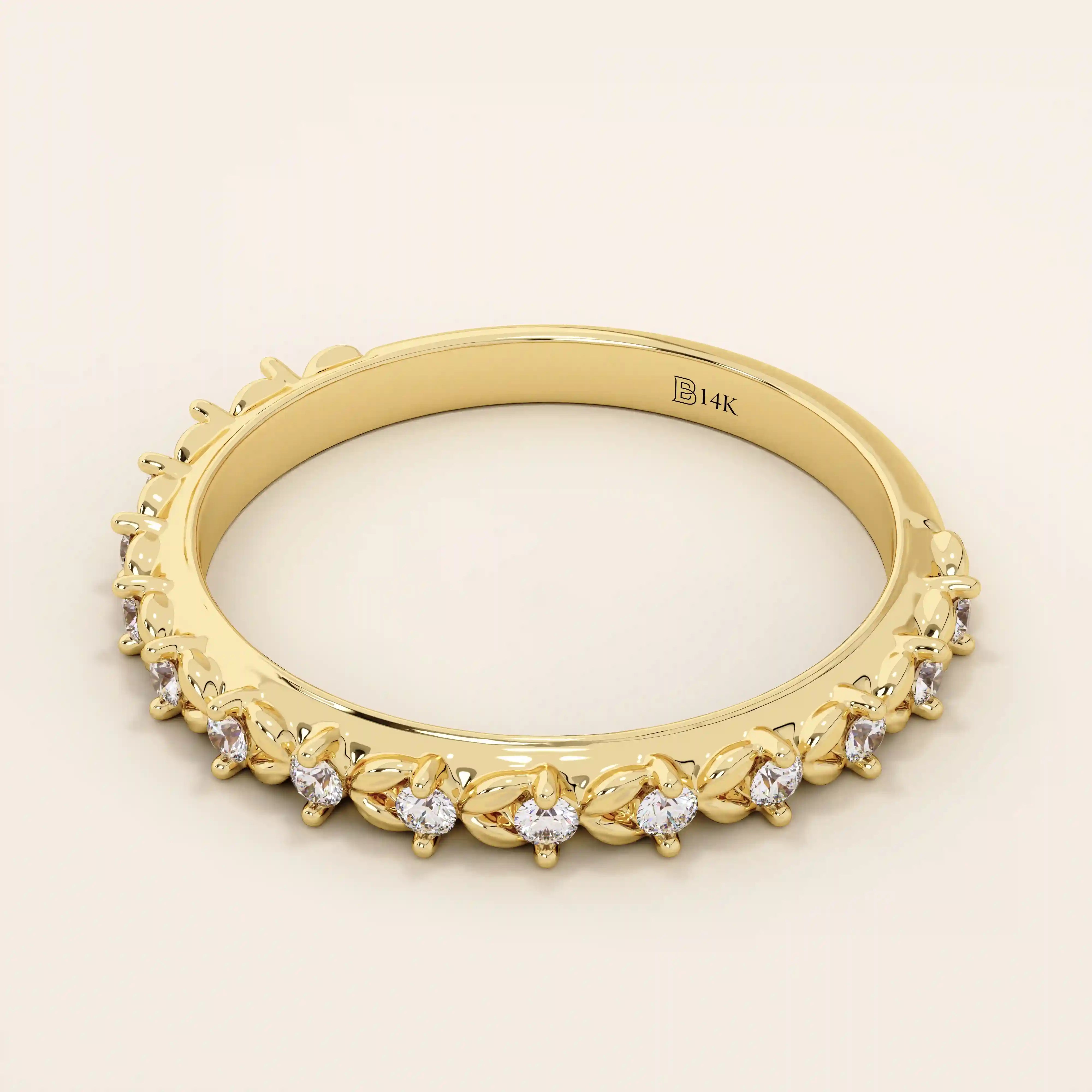 14k solid white gold eternity band featuring round brilliant cut moissanite stones in a delicate leaf-inspired prong setting, elegant stacking ring for wedding or anniversary