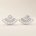 14k solid white gold fan stud earrings featuring delicate scalloped edges, intricate open filigree, and a mix of baguette and round moissanite stones.