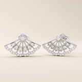 14k solid white gold fan stud earrings featuring delicate scalloped edges, intricate open filigree, and a mix of baguette and round moissanite stones.