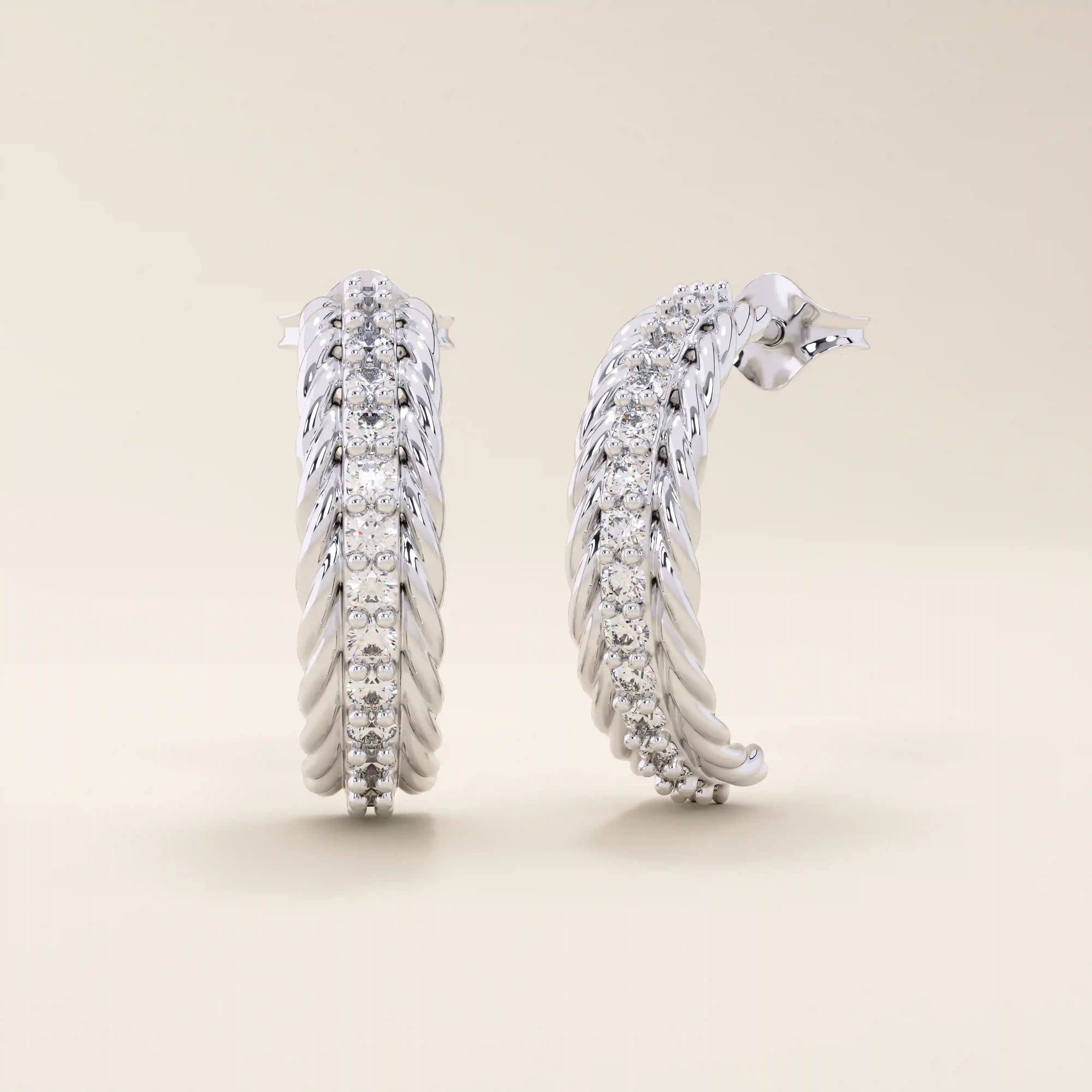 14k solid white gold rope half hoop studs, featuring a pavé line of brilliant white moissanite stones that add radiance to the twisted rope design.