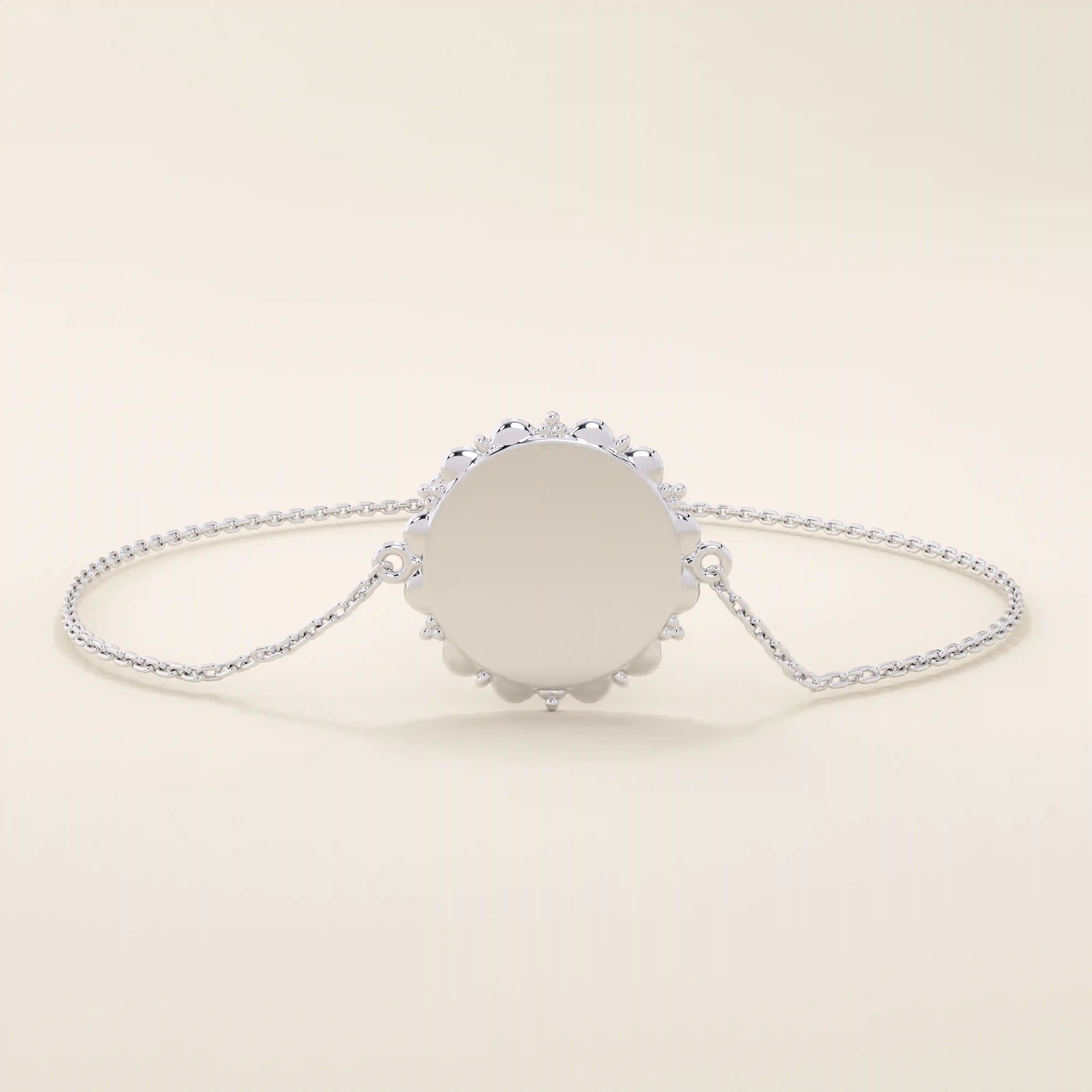 14k solid white gold sun bracelet with a polished circular sun-inspired medallion and fine chain design.
