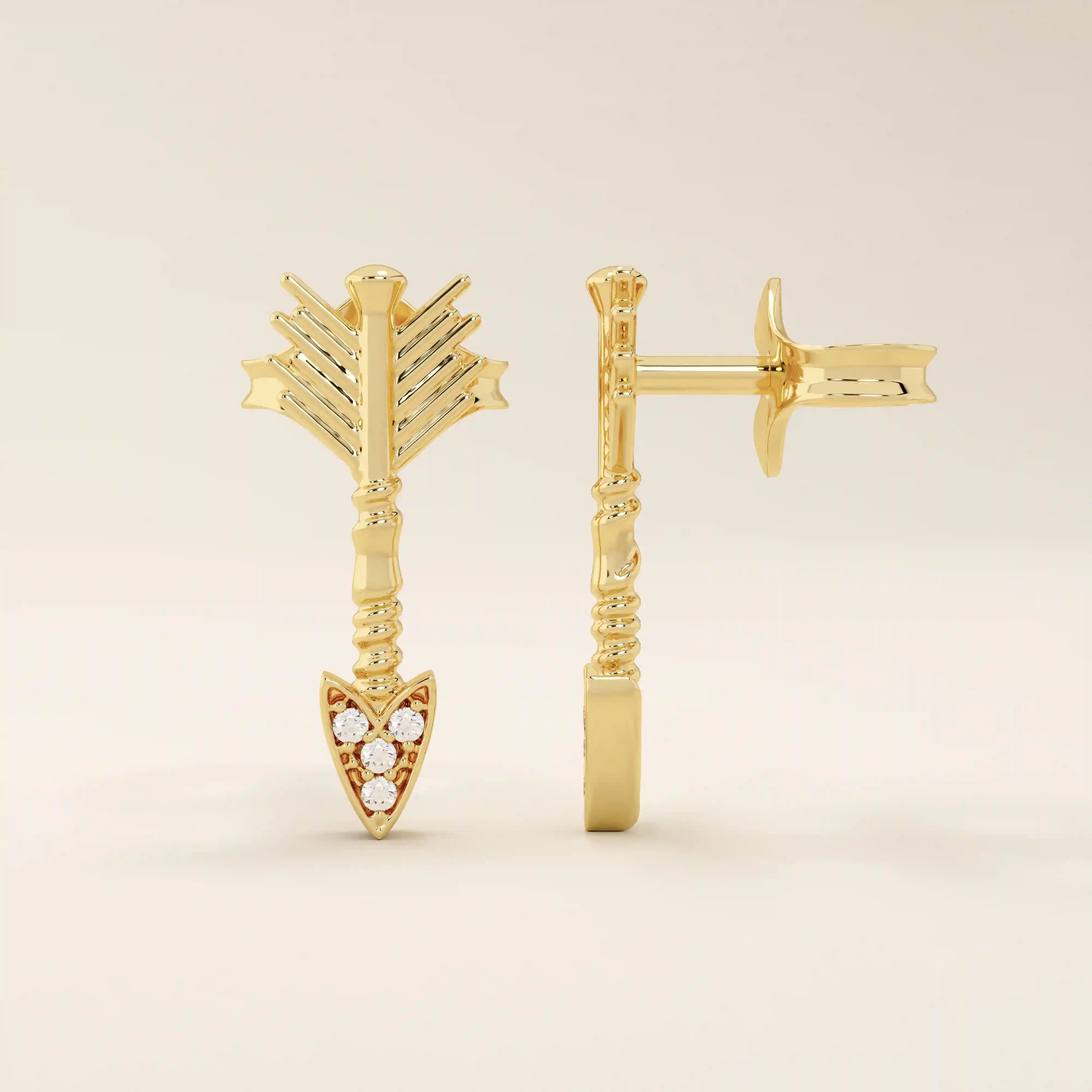 14k solid yellow gold arrow-shaped stud earrings, featuring intricate fletching details and a pointed tip set with round white moissanite stones.