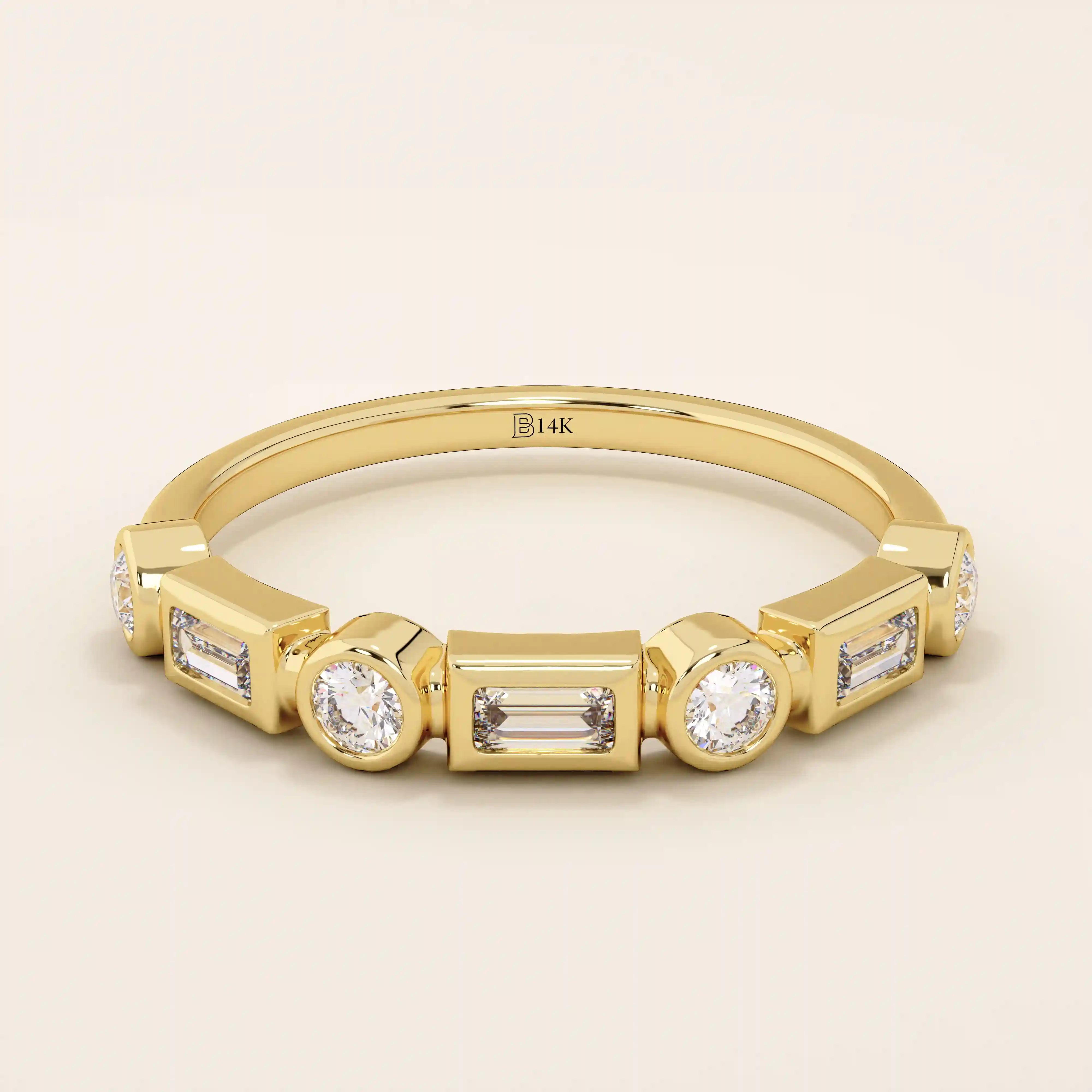 14k solid yellow gold band featuring alternating baguette cut and round brilliant cut moissanite stones in a modern bezel setting, elegant fine jewelry for weddings or stacking