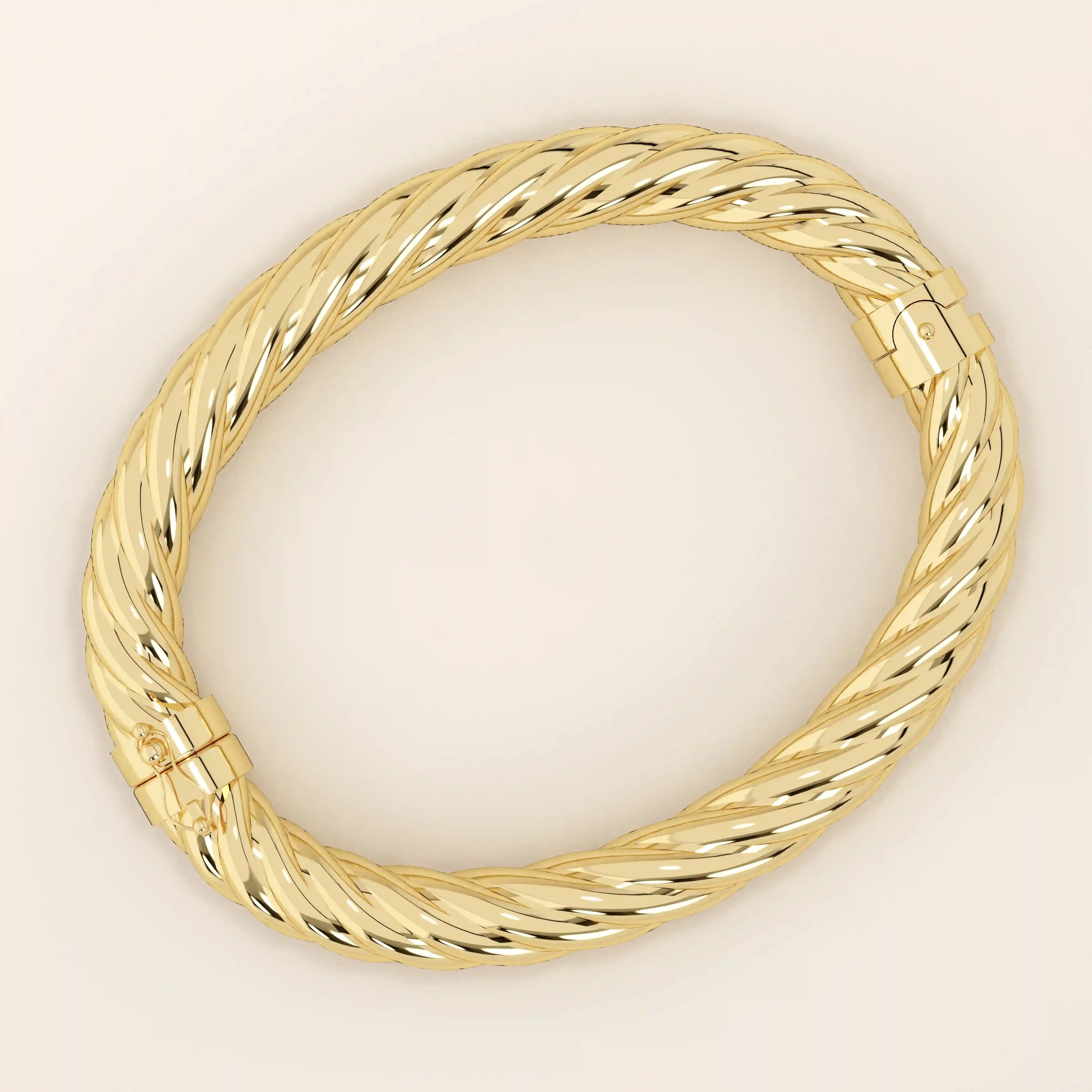 14k solid yellow gold bangle with a bold twisted rope design, featuring a high-polish finish and secure clasp closure for a luxurious, statement-making look.