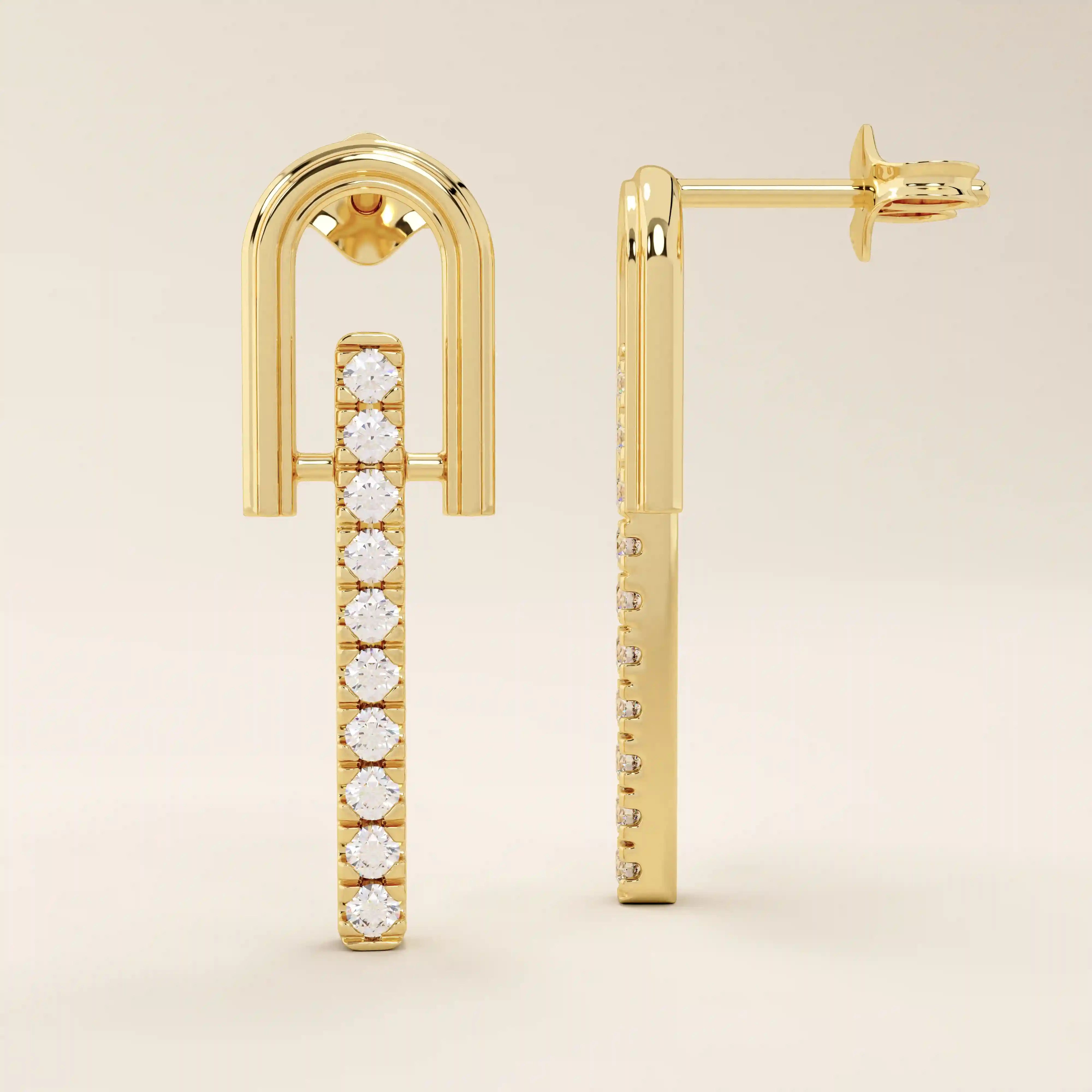 14k solid yellow gold dangling bar stud earrings with a U-shaped top and vertical row of round-cut moissanite stones in a prong setting.