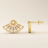 14k solid yellow gold fan-shaped stud earrings with a symmetrical openwork design, adorned with round and baguette-cut moissanites for a radiant sparkle.
