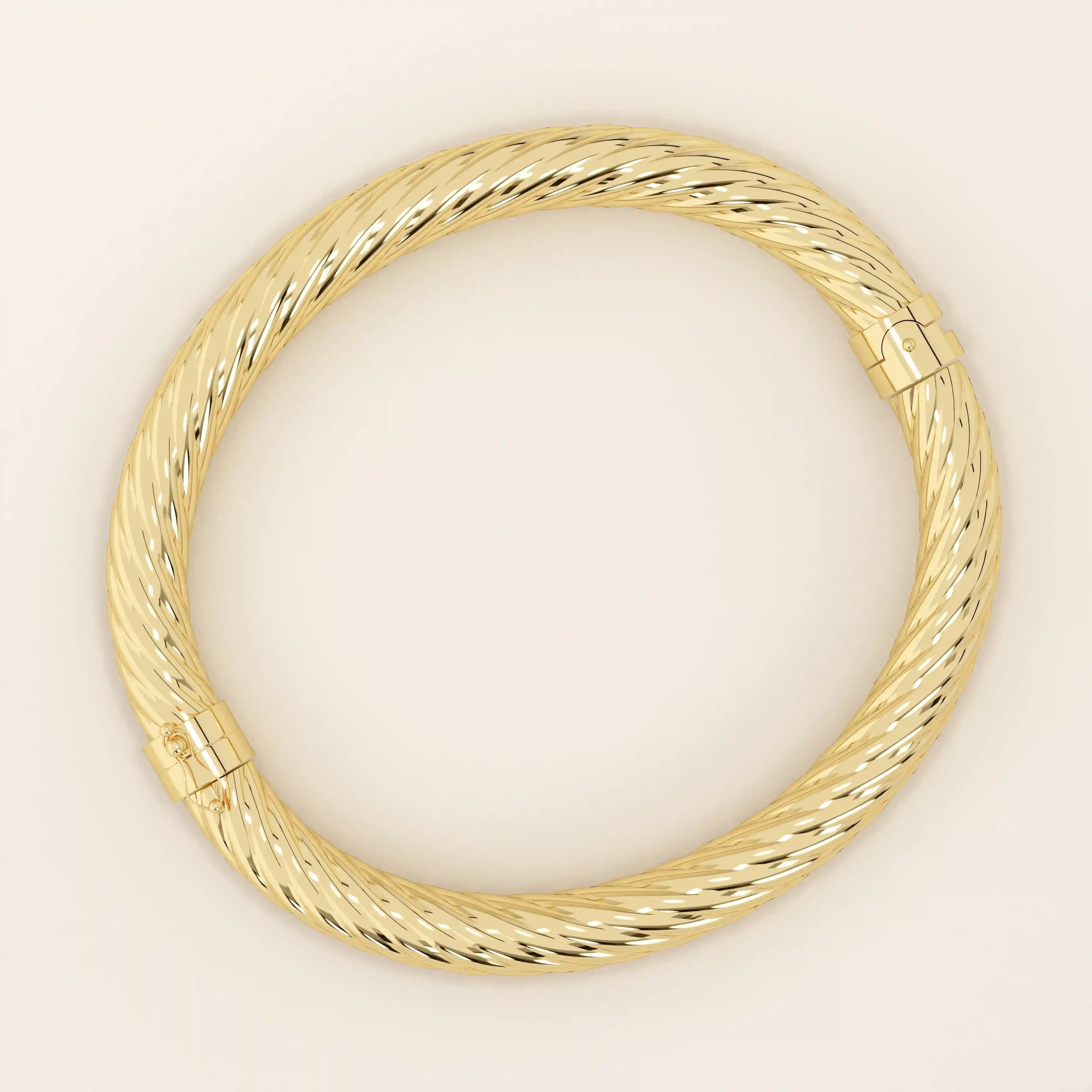 14k solid yellow gold rope bangle bracelet featuring a twisted rope texture, polished finish, and rounded edges.