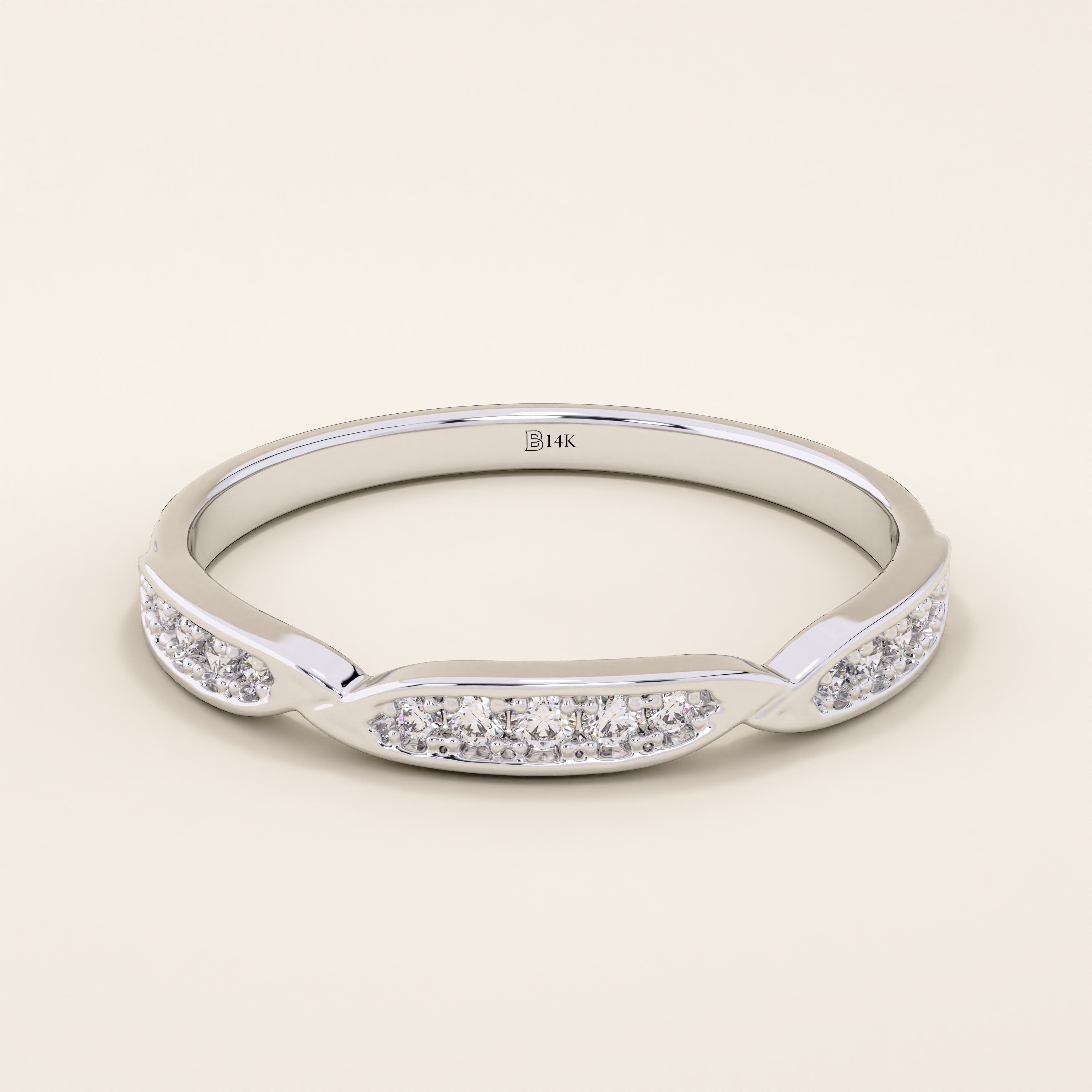 14k solid yellow gold stacking ring with three marquise-shaped sections set with sparkling round brilliant cut moissanite stones, minimalist fine jewelry band for everyday wear or wedding stack