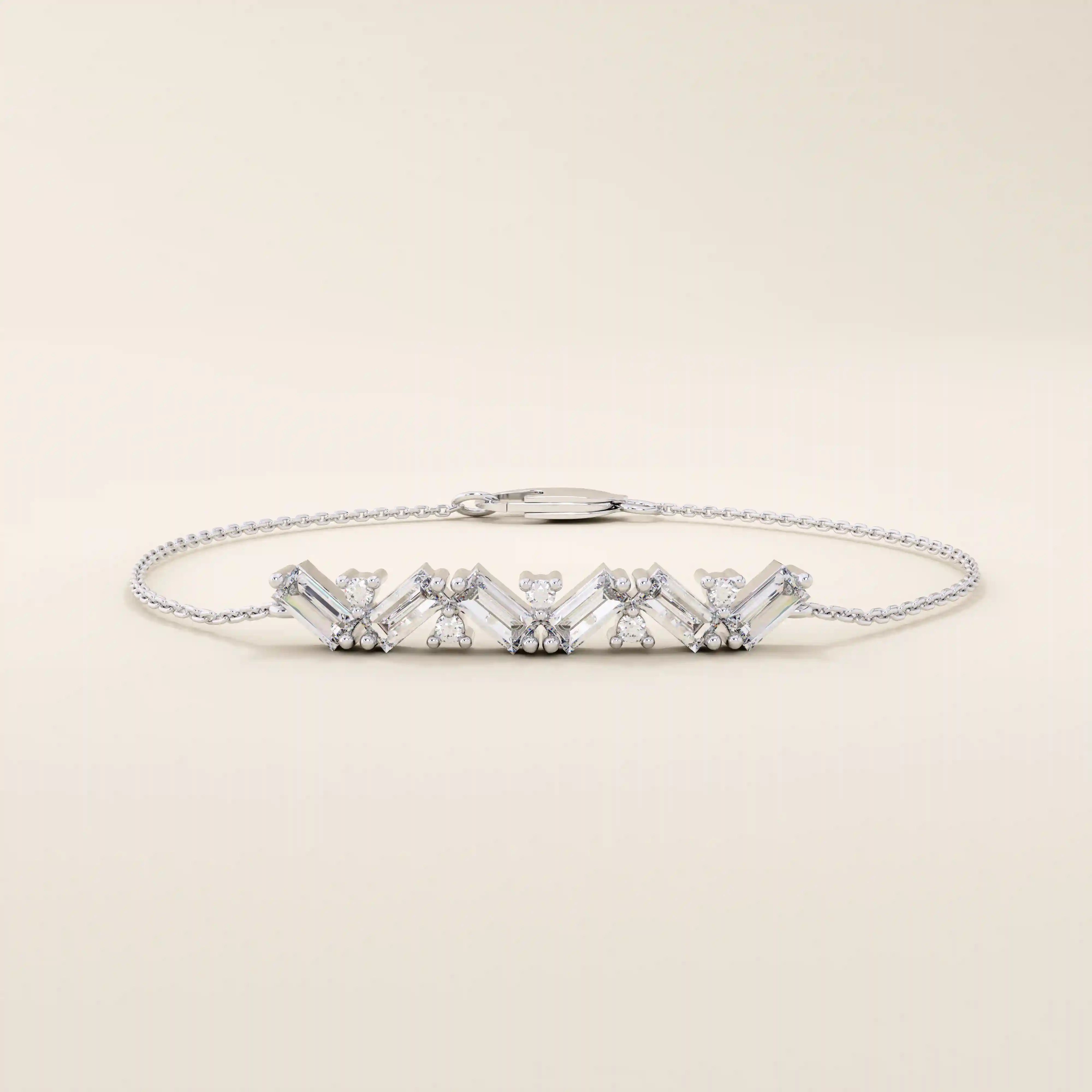 14k white gold baguette bar bracelet with rectangular baguette-cut stones and sparkling round stones in an elegant line design.