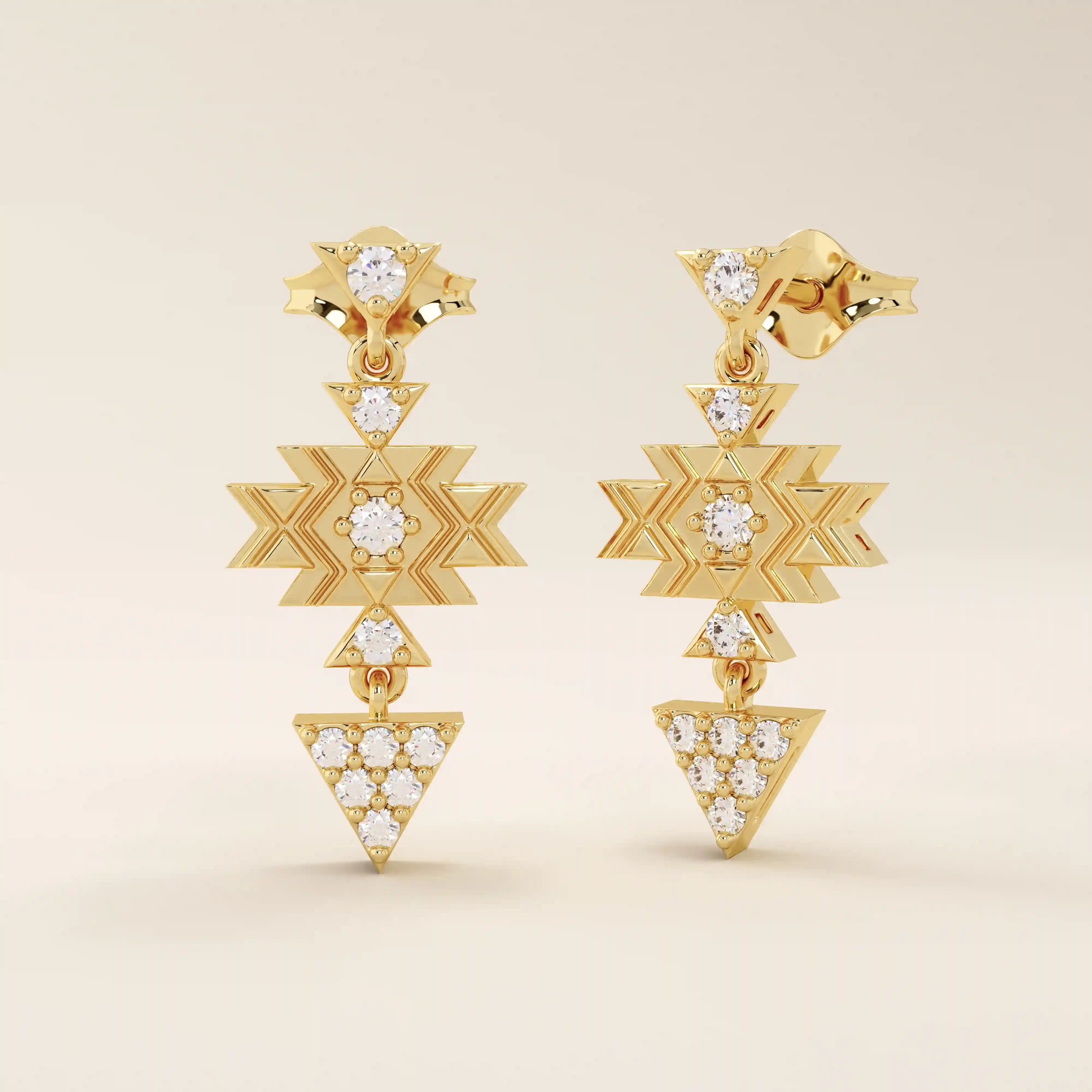 14k yellow gold dangling motif stud earrings with geometric star and triangle shapes, accented with moissanite stones.
