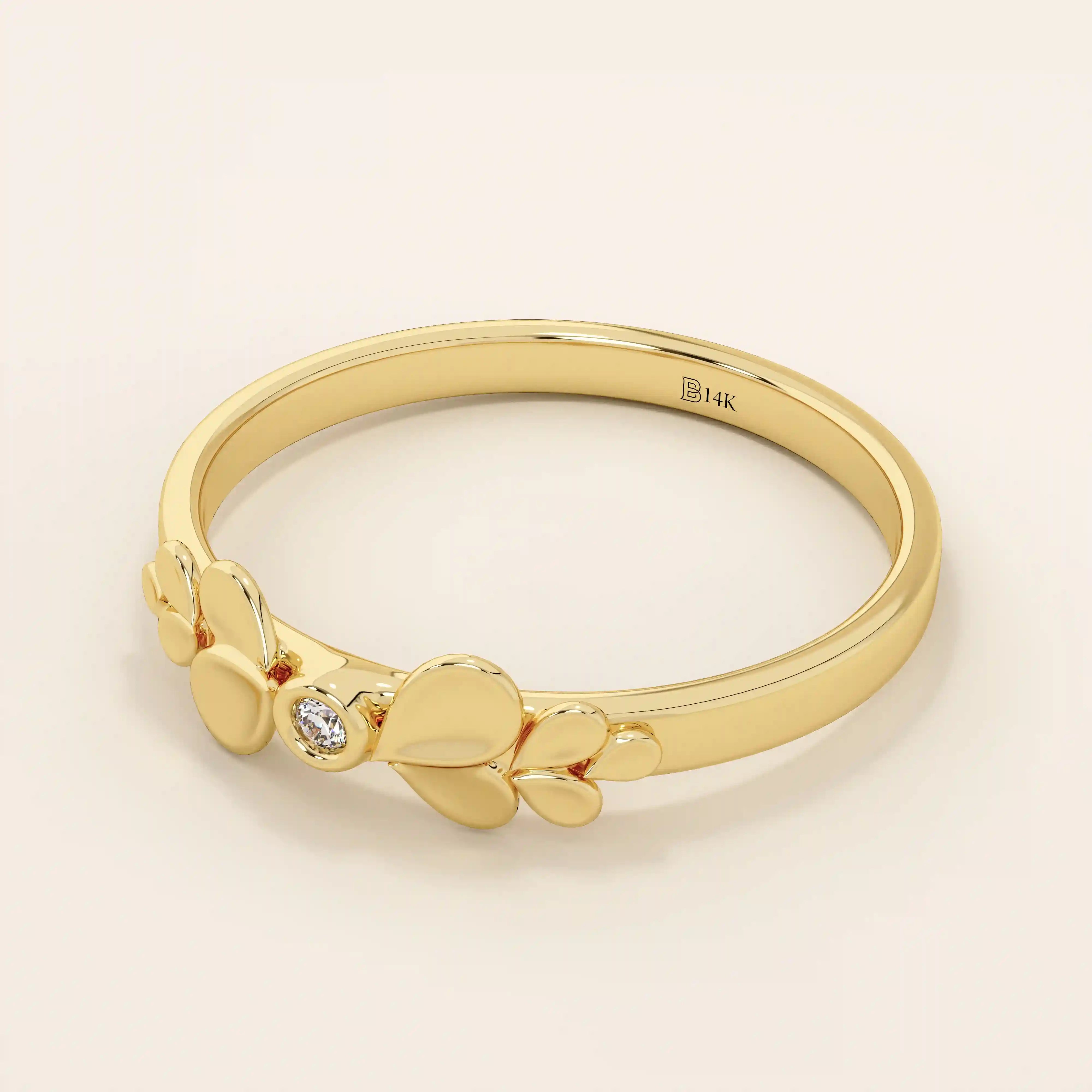 14k solid gold bezel set small moissanite leaf stackable wedding ring for women