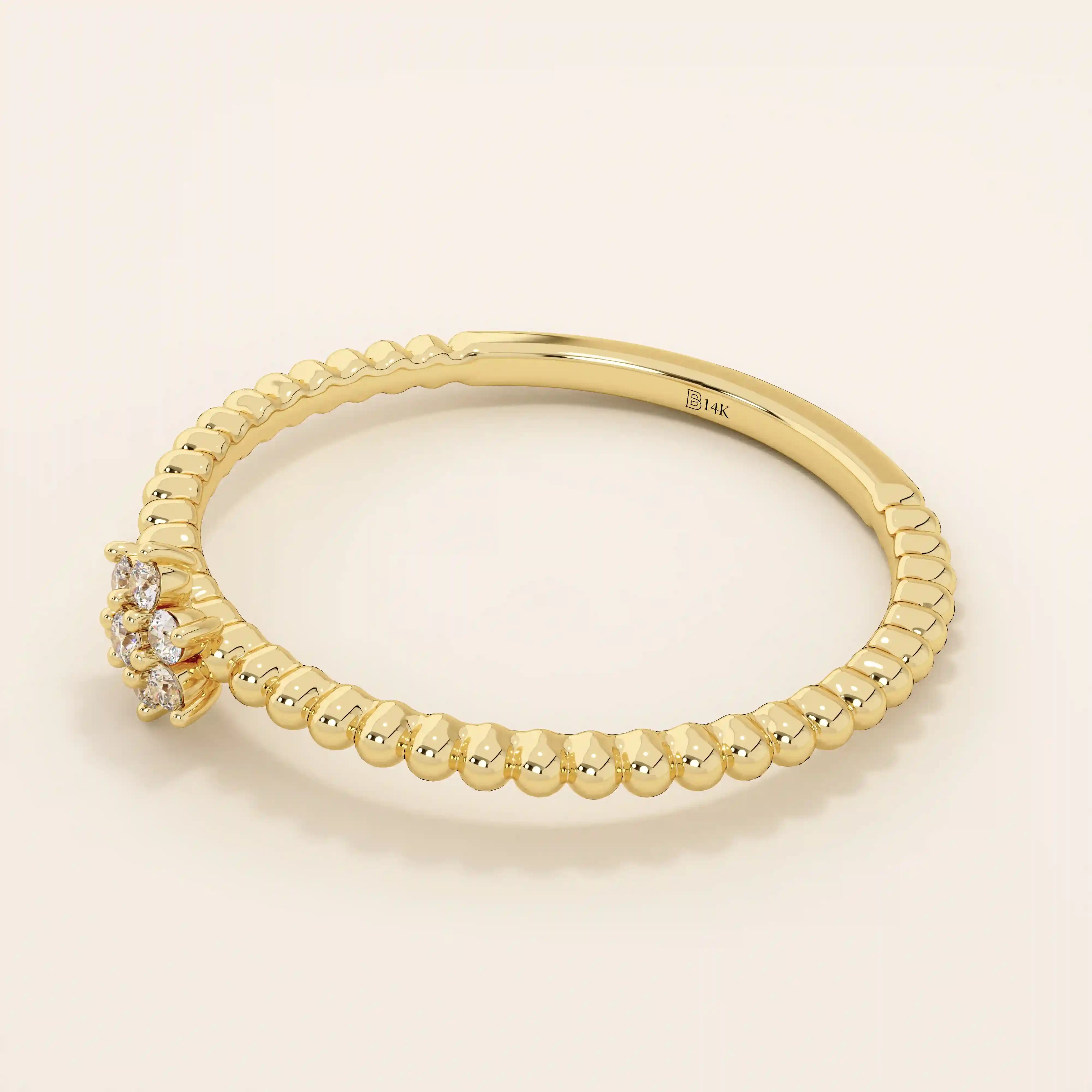 14K SOLID GOLD BEADED BAND TINY FLOWER PROMISE RING FOR WOMEN