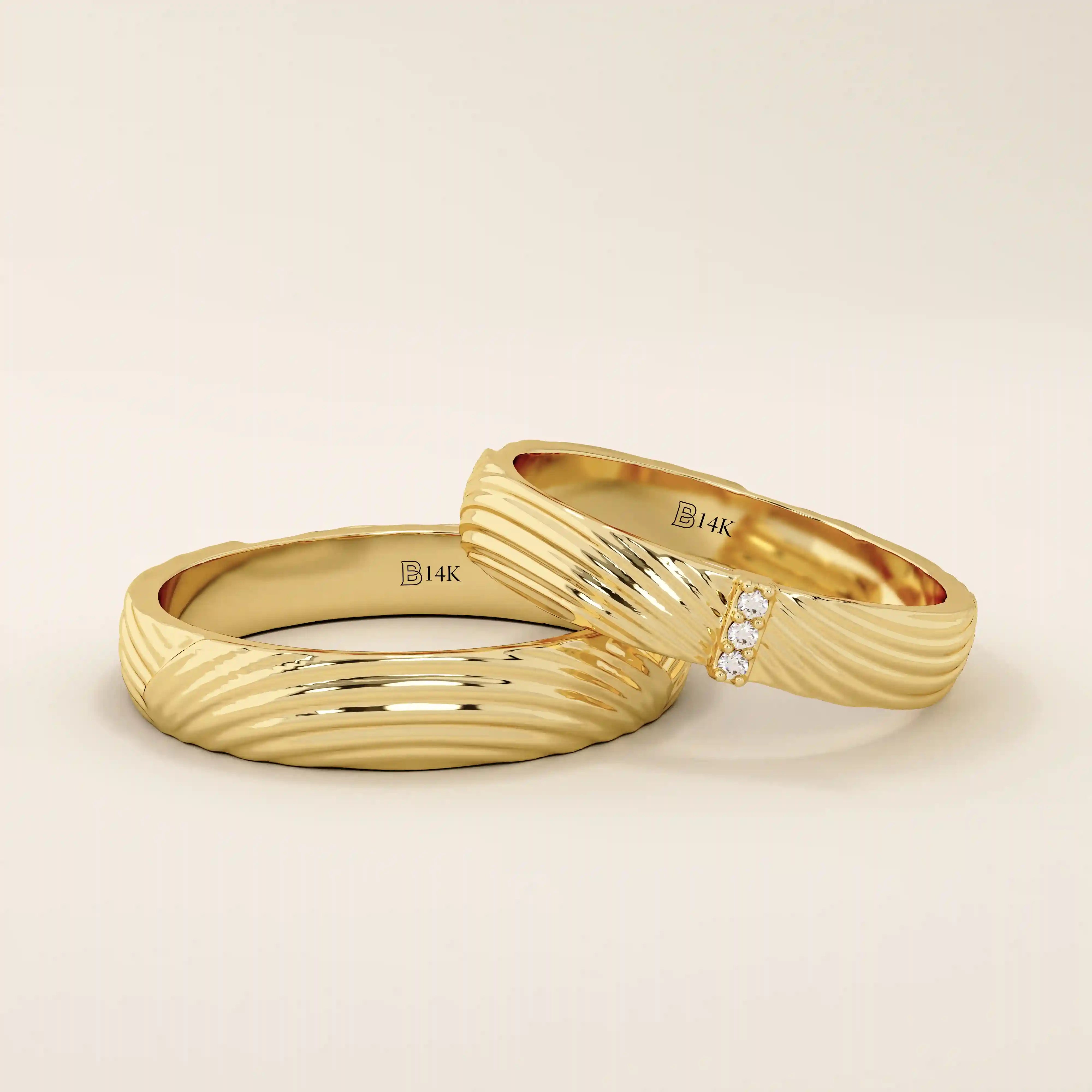 14k solid gold unisex design wavy pattern alliance wedding band set