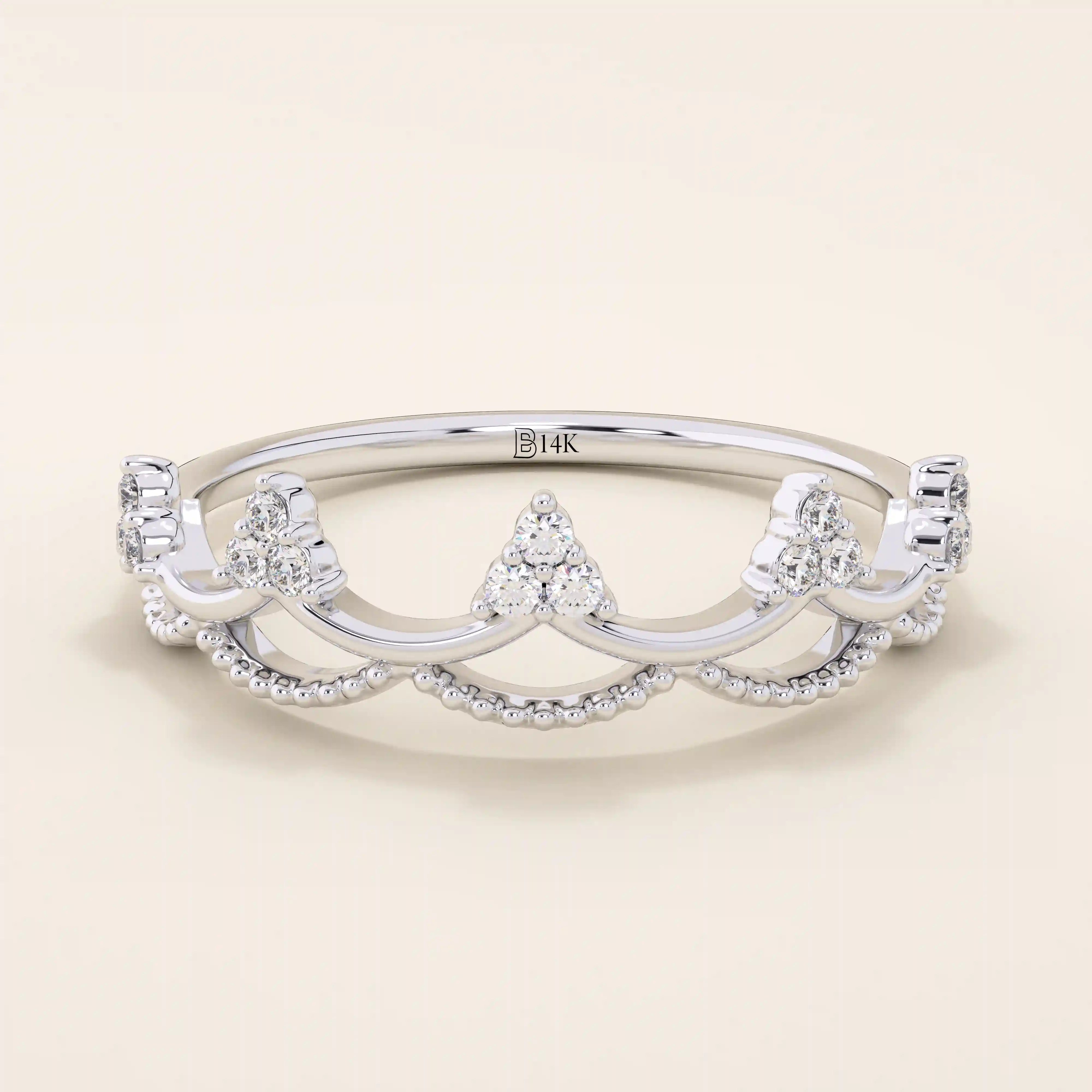 14K SOLID GOLD WAVY CROWN RING PAVE WITH MOISSANITE STONES FOR WOMEN