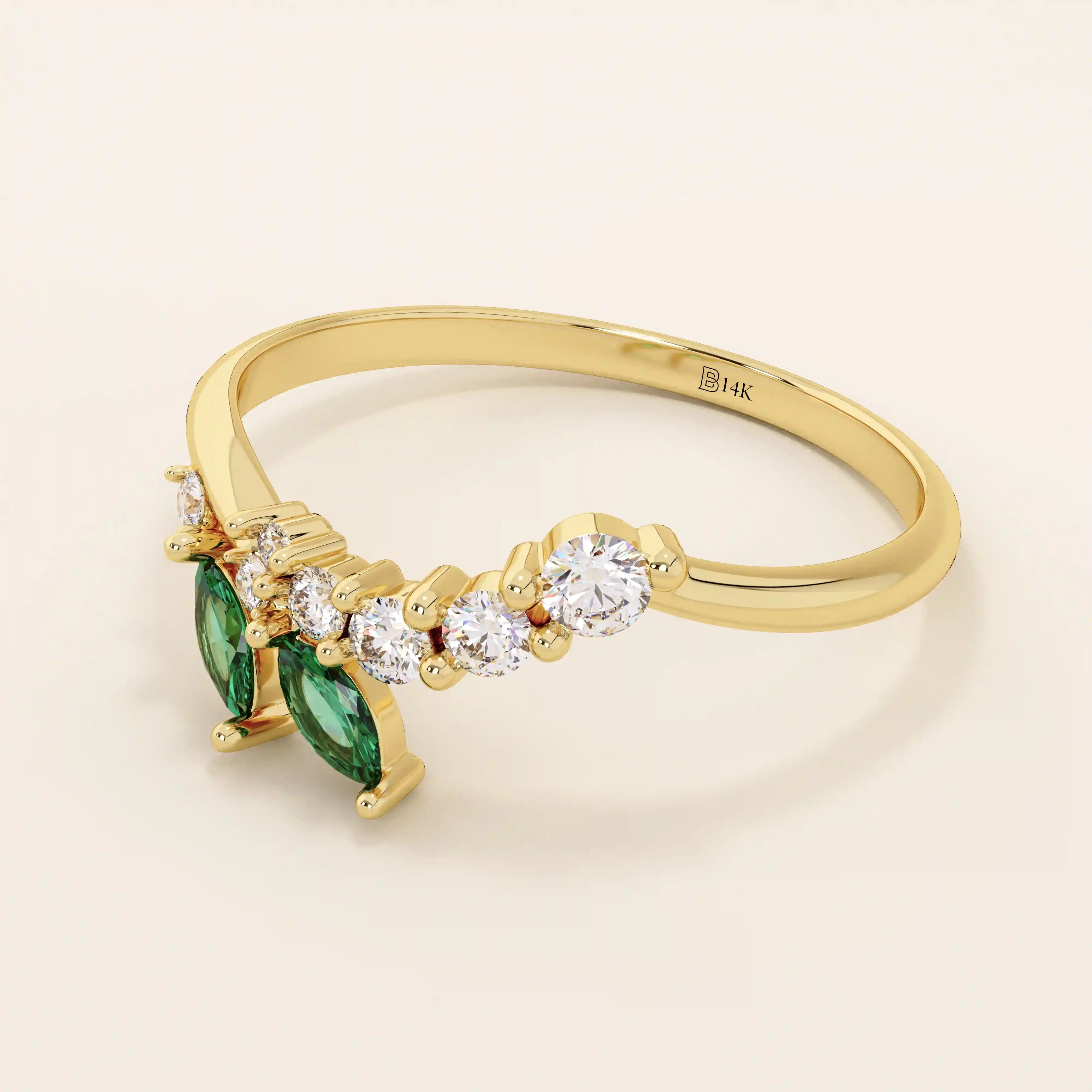 14k solid gold emerald and moissanite curve stacking ring for women