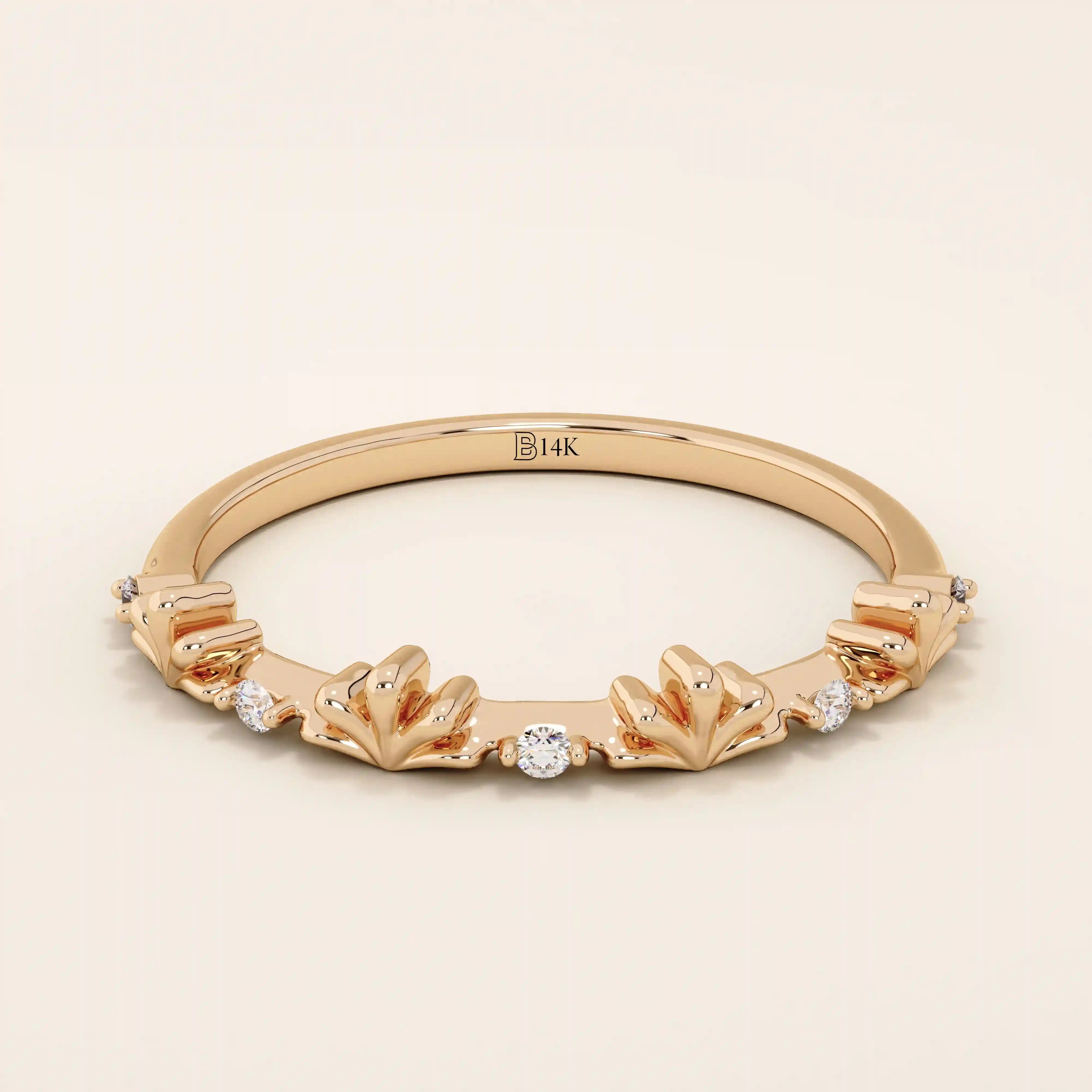 14K SOLID GOLD TINY leaf MOISSANITE STACKING wedding RING FOR WOMEN
