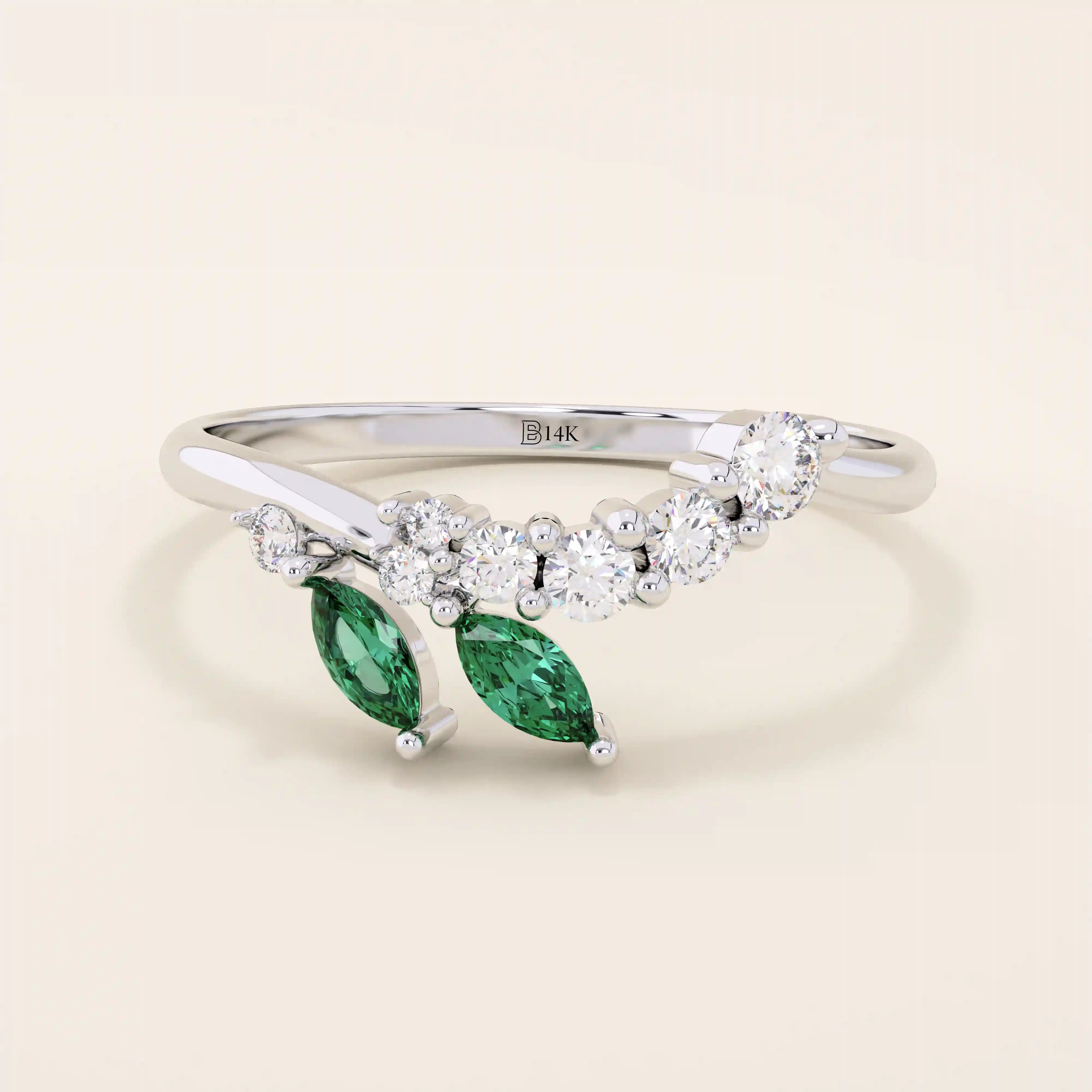 14k solid gold emerald and moissanite curve stacking ring for women