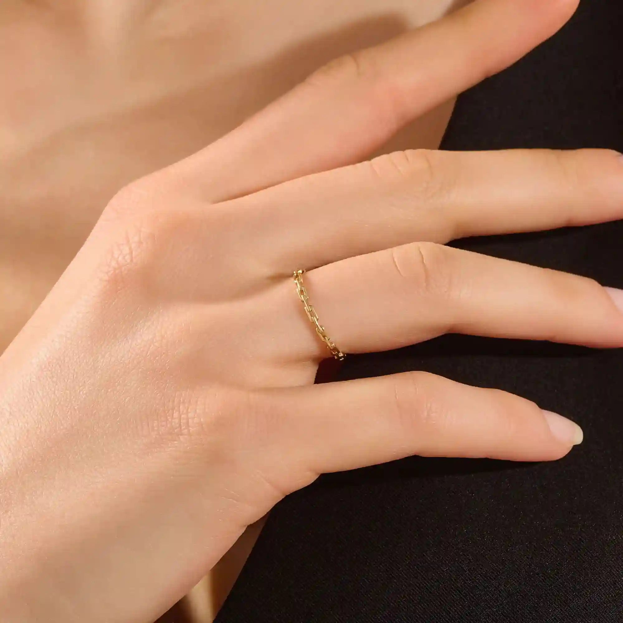 14k solid gold ultra thin stacking chain ring for women