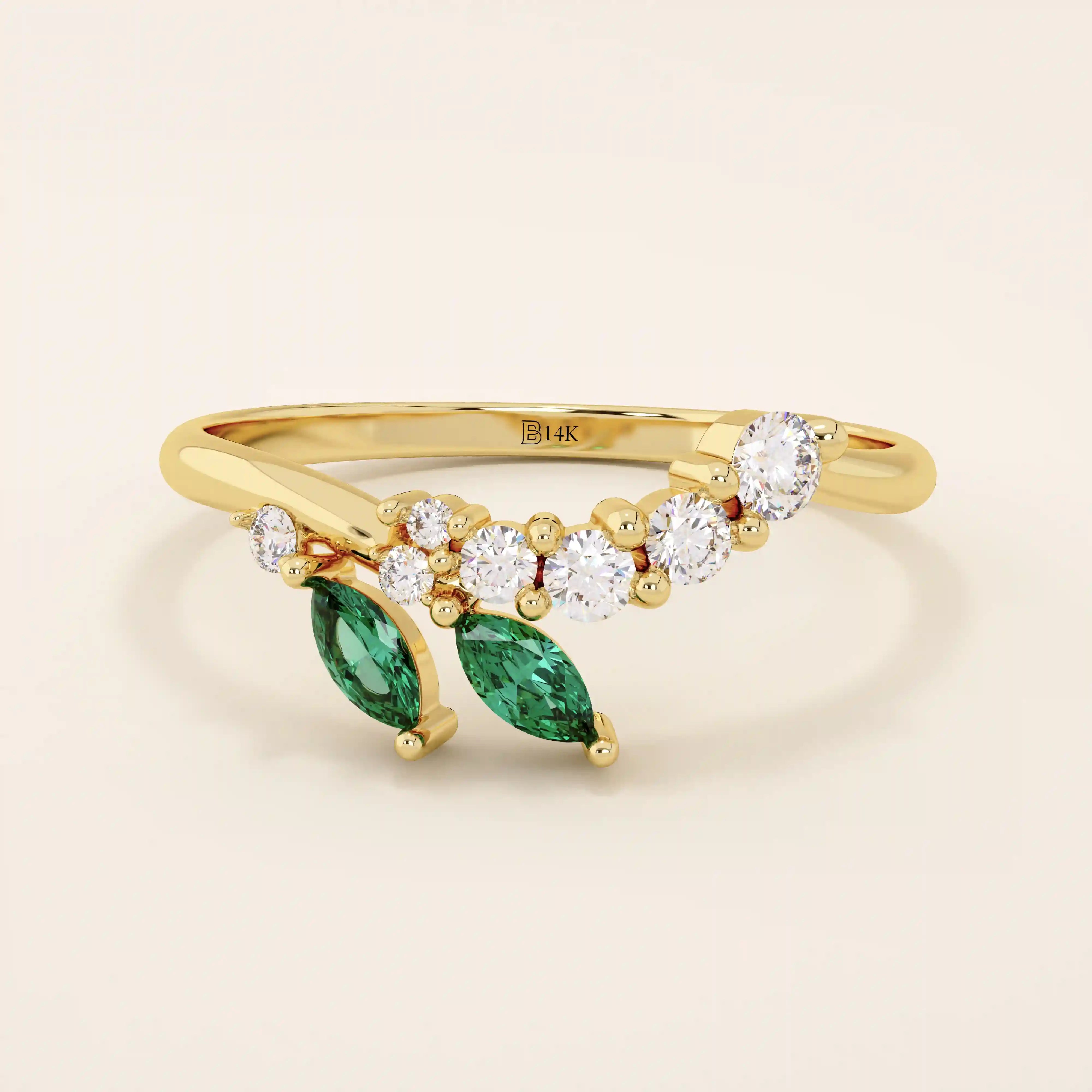 14k solid gold emerald and moissanite curve stacking ring for women