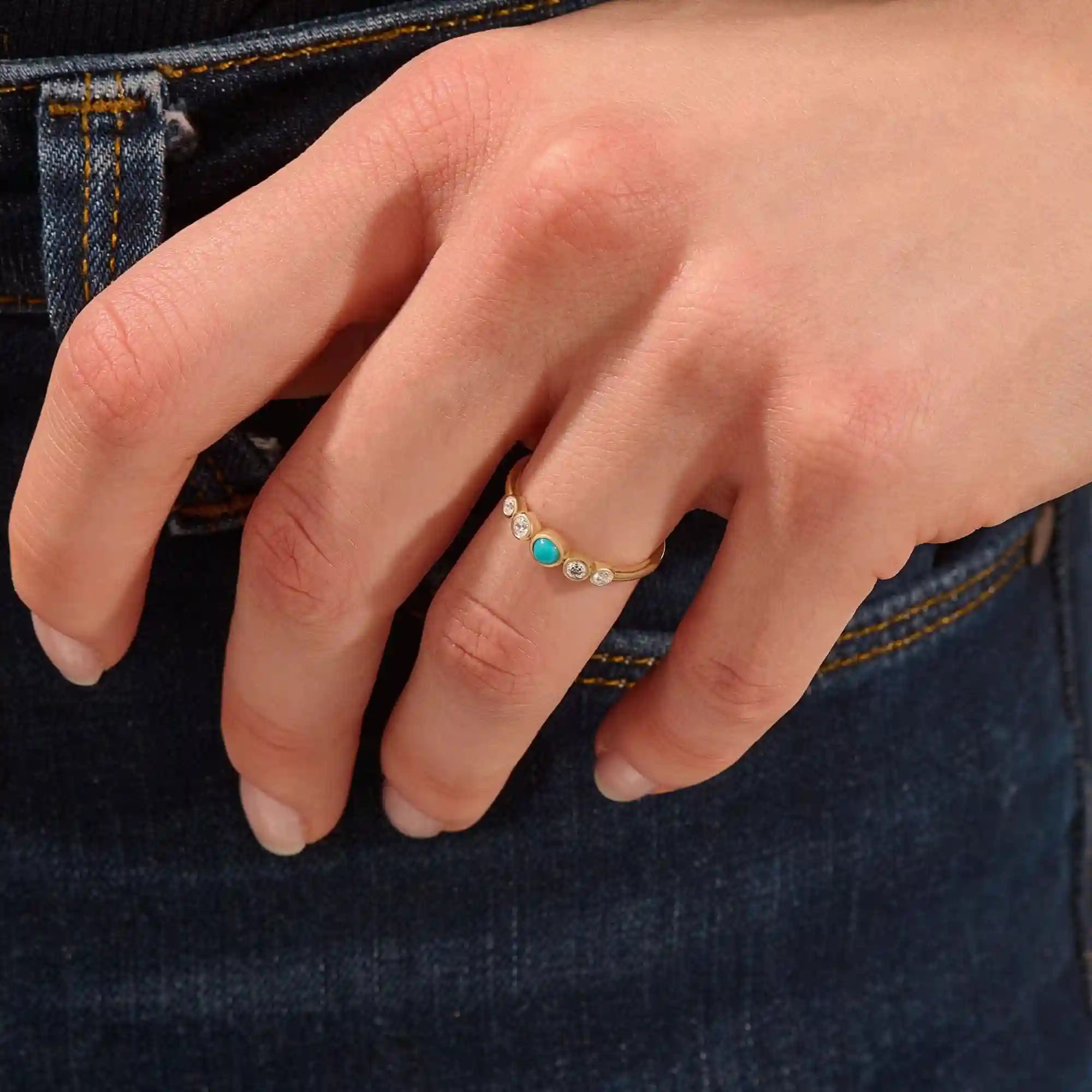 14k solid gold 5 stone bezel turquoise and moissanite stones wedding engagement ring for women