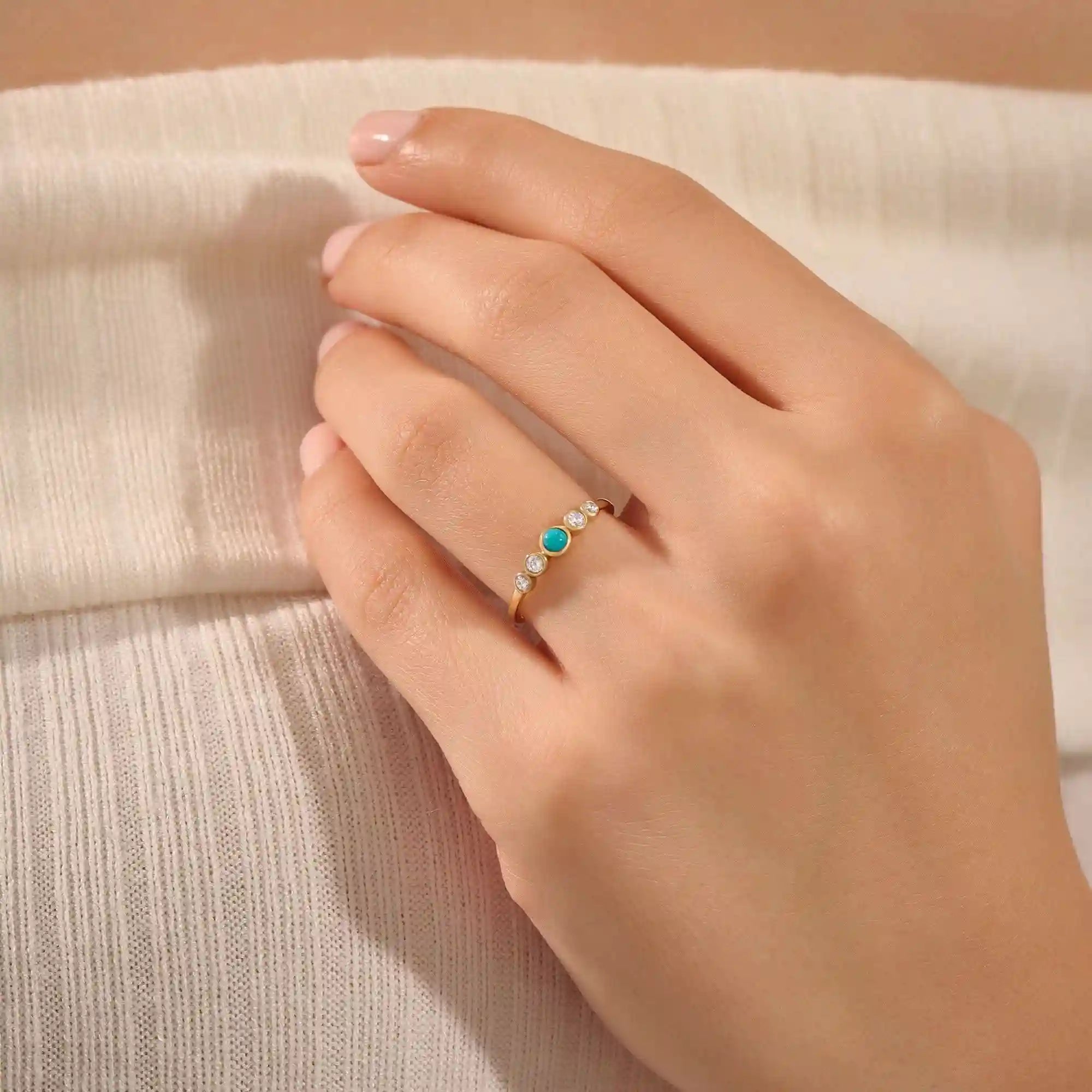 14k solid gold 5 stone bezel turquoise and moissanite stones wedding engagement ring for women