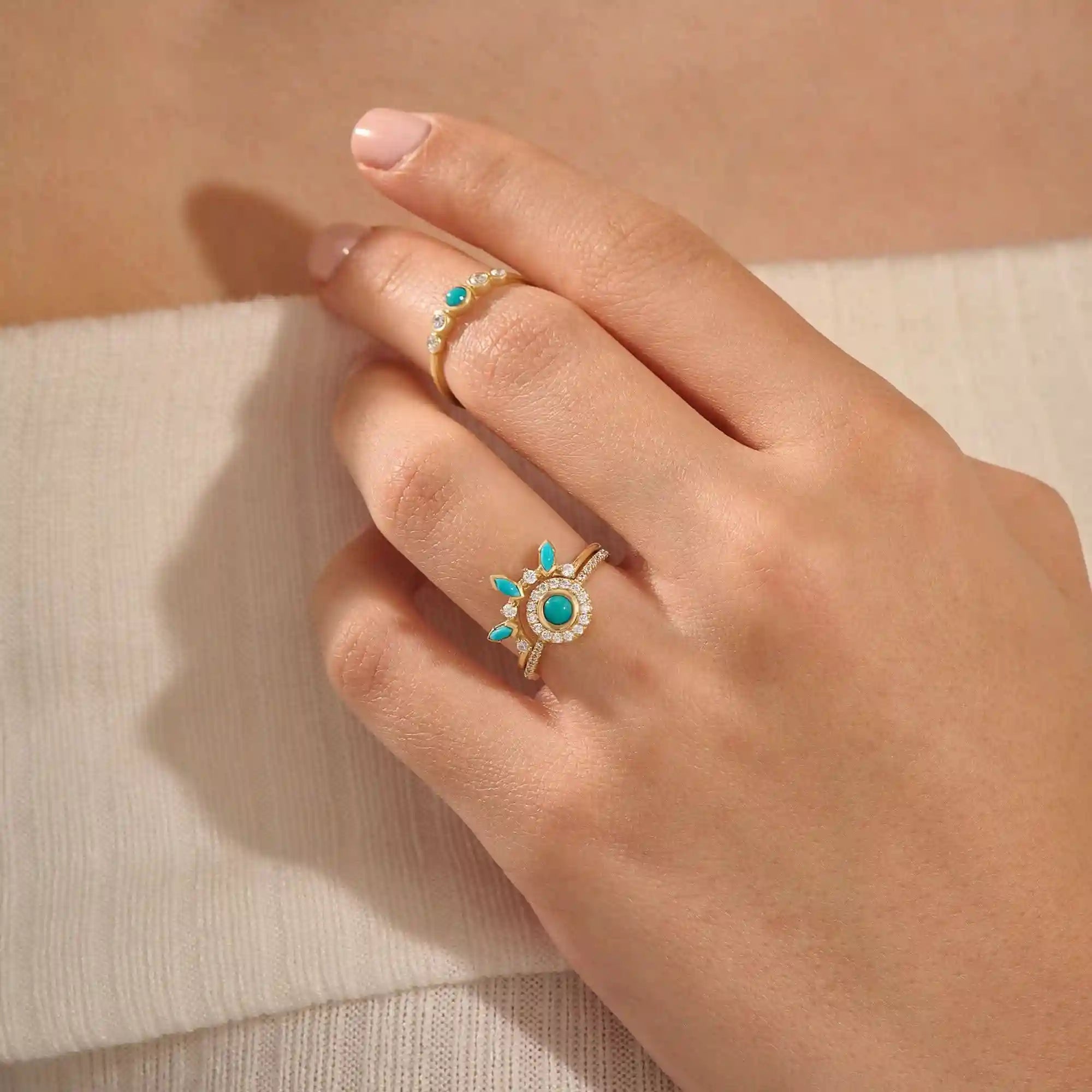 14k solid gold 5 stone bezel turquoise and moissanite stones wedding engagement ring for women
